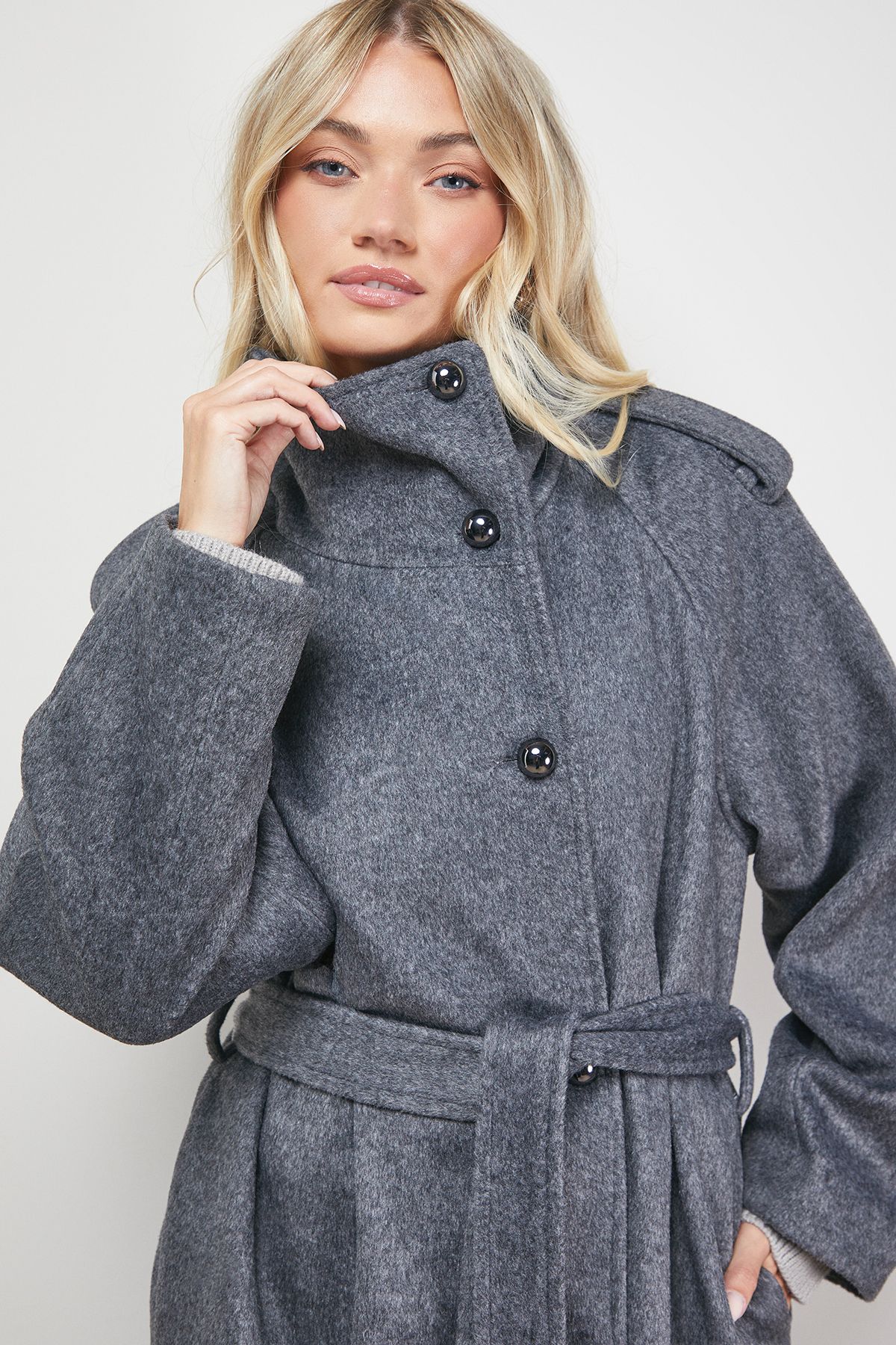 Oasis Funnel Sleeve Detail Belted Coat Grey image 3