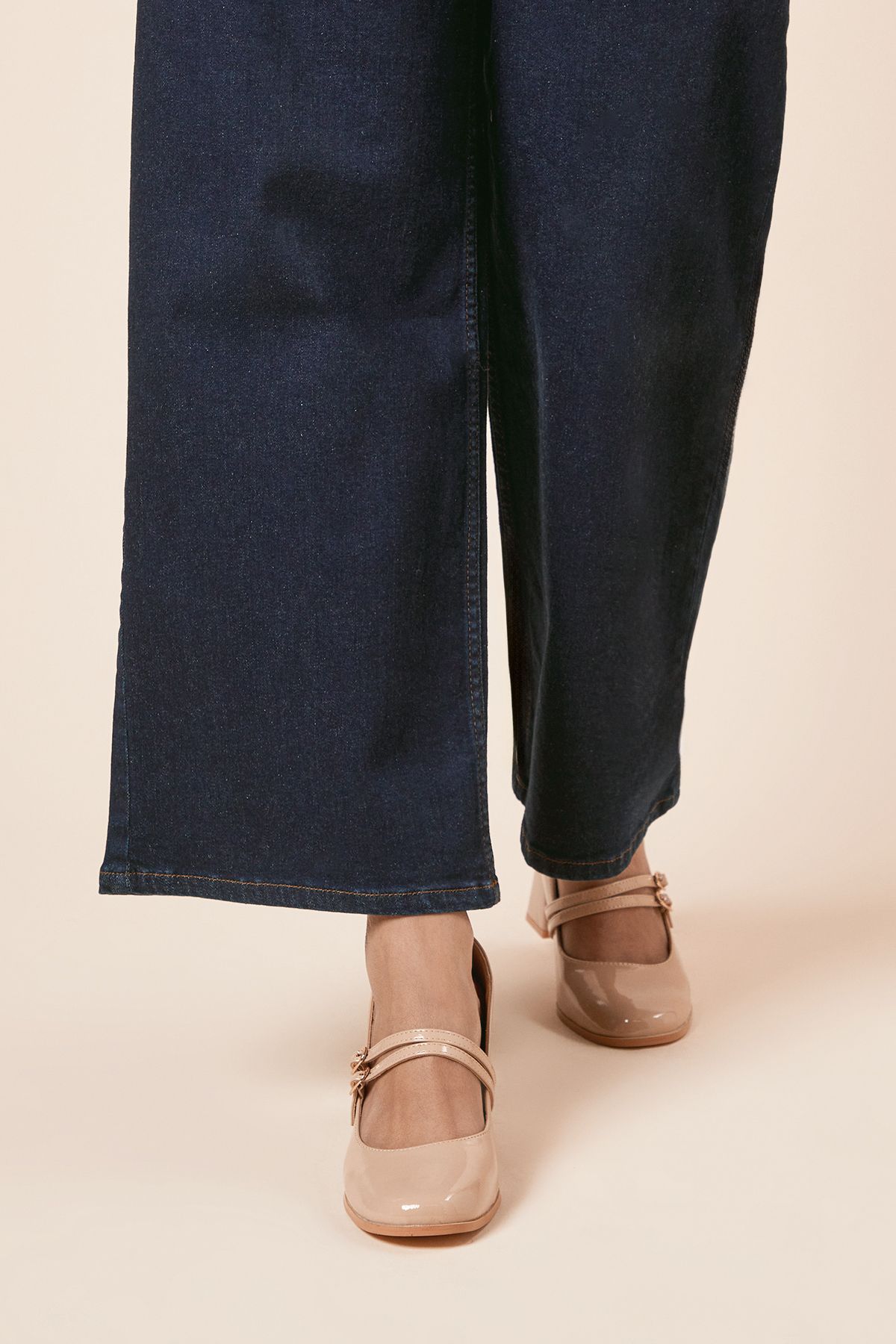 Oasis Catalina Patent Double Mary Jane High Block Heeled Shoes Beige image 2