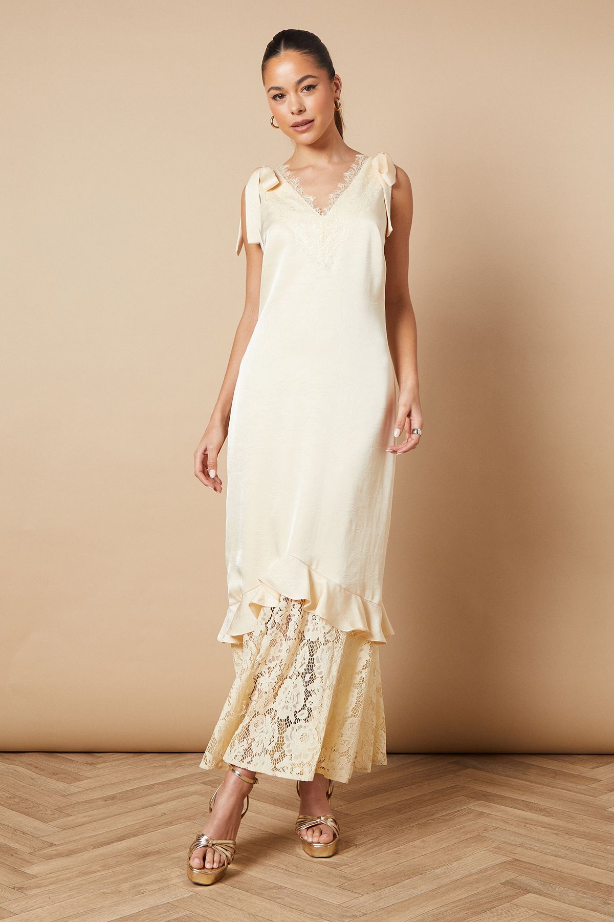 Oasis Satin Lace Tie Shoulder Maxi Dress Butter image 1