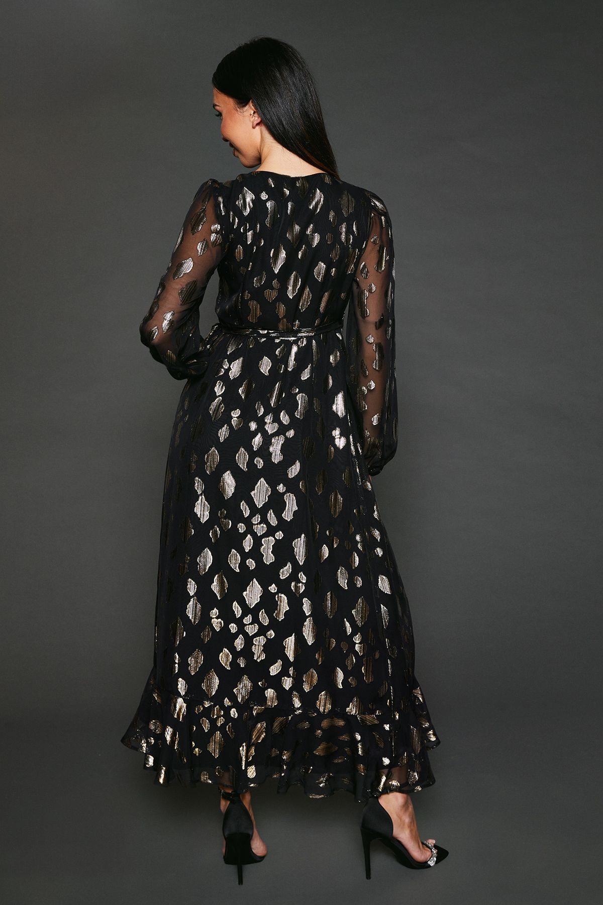 Dorothy Perkins Jacquard Ruffle Wrap Long Sleeve Midi Dress Black image 3