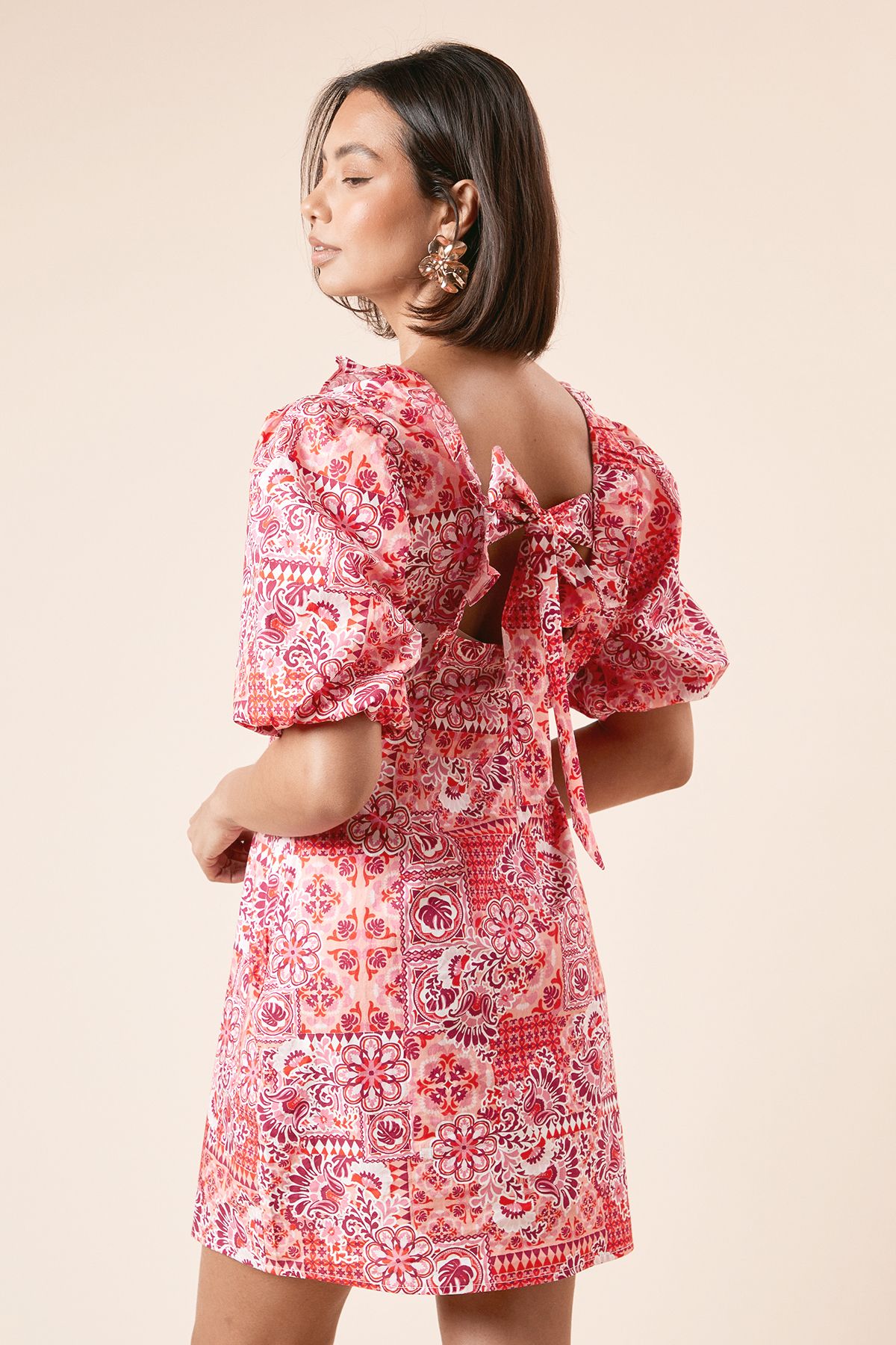 Dorothy Perkins Red Geo Frill Front Tie Back Mini Dress Red image 3