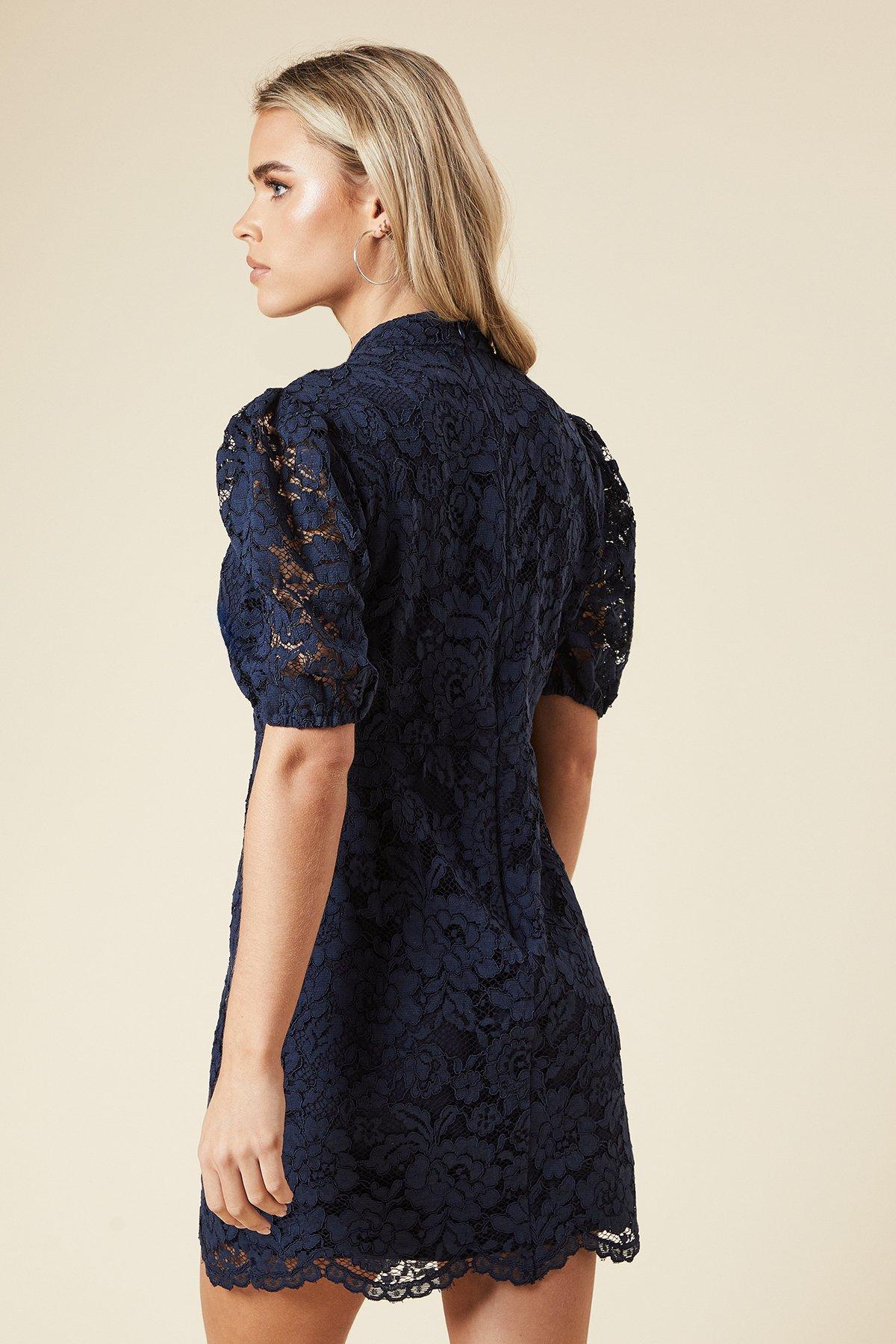 Dorothy Perkins Petite Lace High Neck Mini Dress Navy image 3