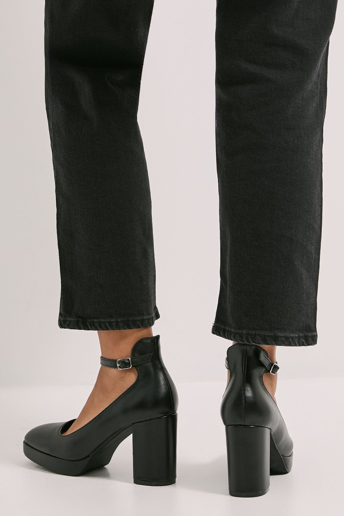 Dorothy Perkins Vanessa Faux Leather Platform Ankle Strap High Block Heel Court Shoes Black image 3