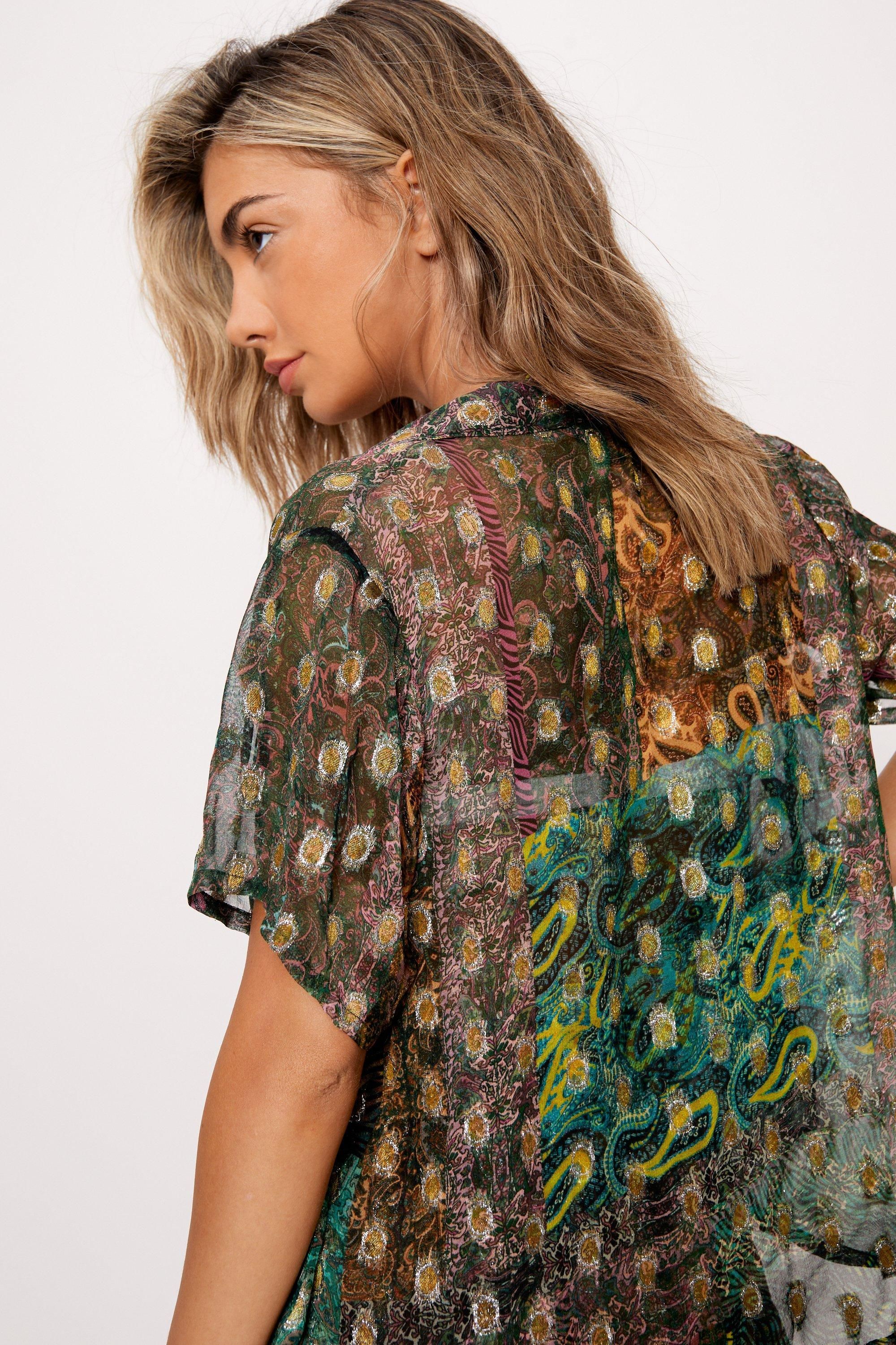 NastyGal Georgette Mixed Paisley Print Glitter Shirt And Shorts Set Green image 4