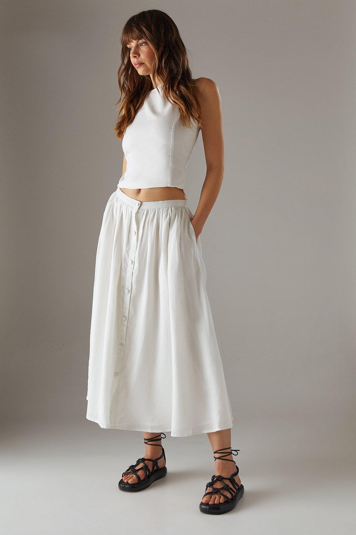 Warehouse Premium Linen Blend Drop Waist Button Through Maxi Skirt White image 2