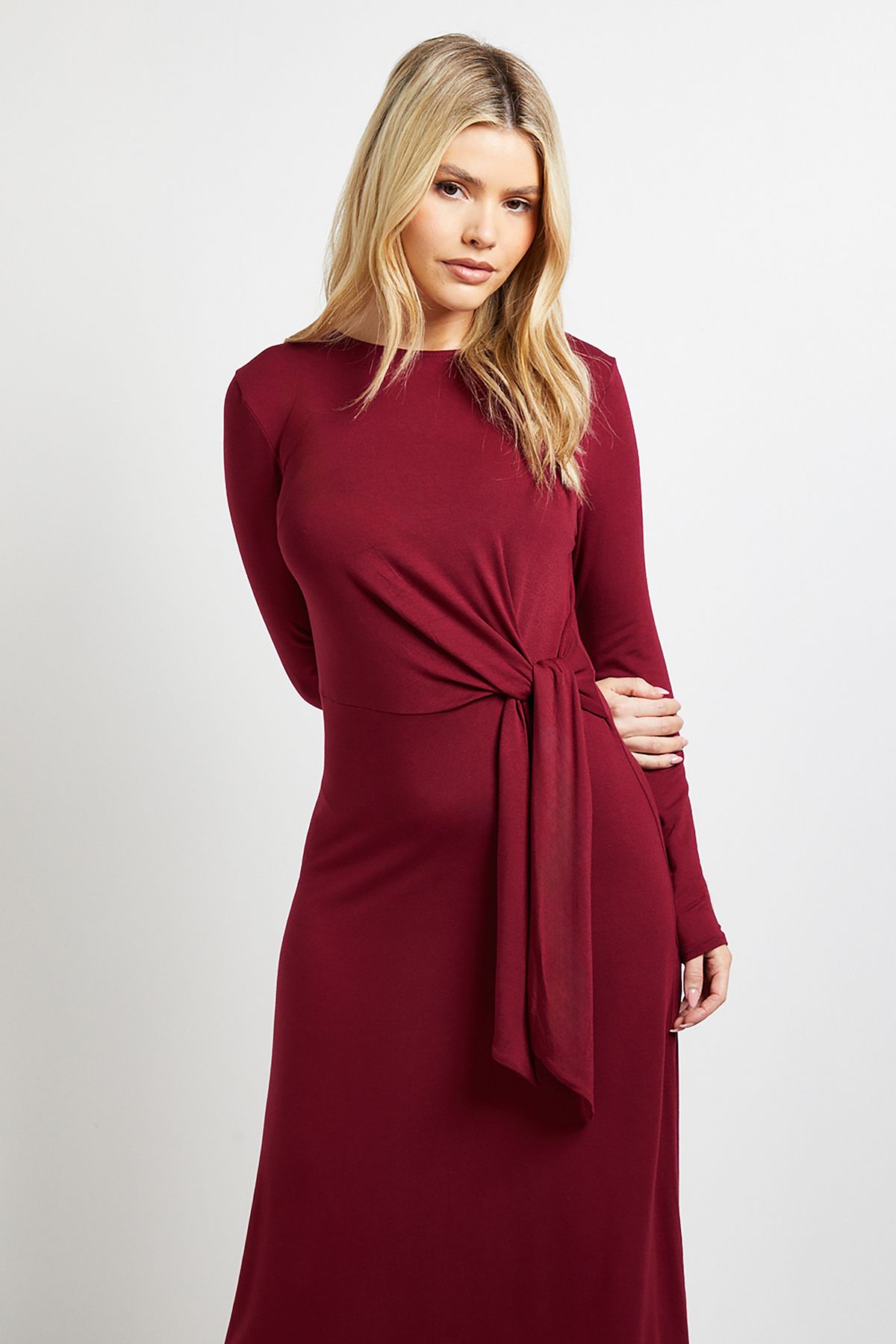 Dorothy Perkins Tie Detail Long Sleeve Jersey Midi Dress Burgundy image 2