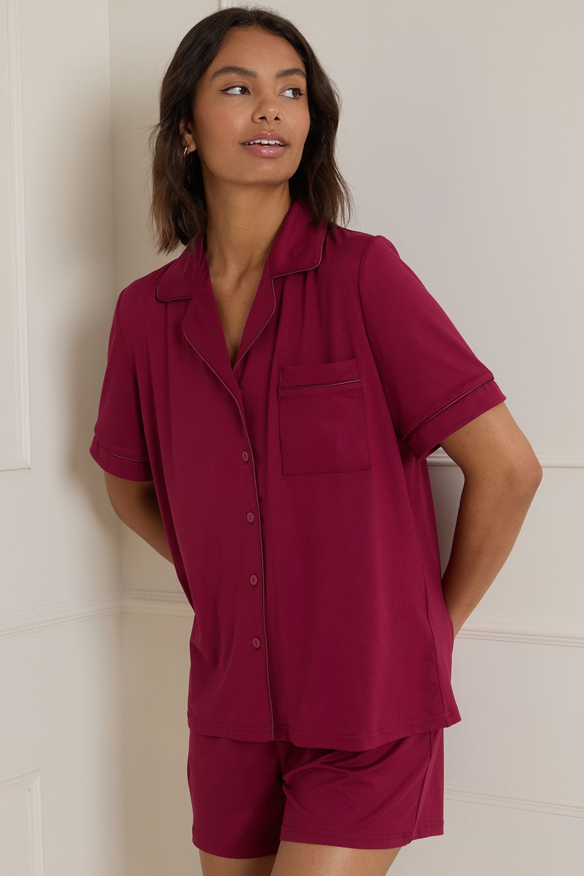Dorothy Perkins Nightwear Tipped Short Sleeve Pyjama Set Burgundy image 4