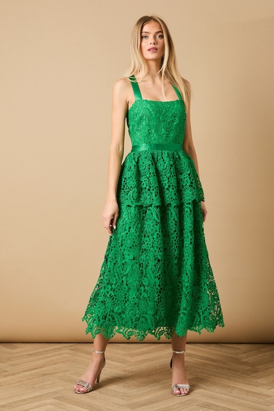 Oasis Cross Strap Tiered Lace Midi Dress Green