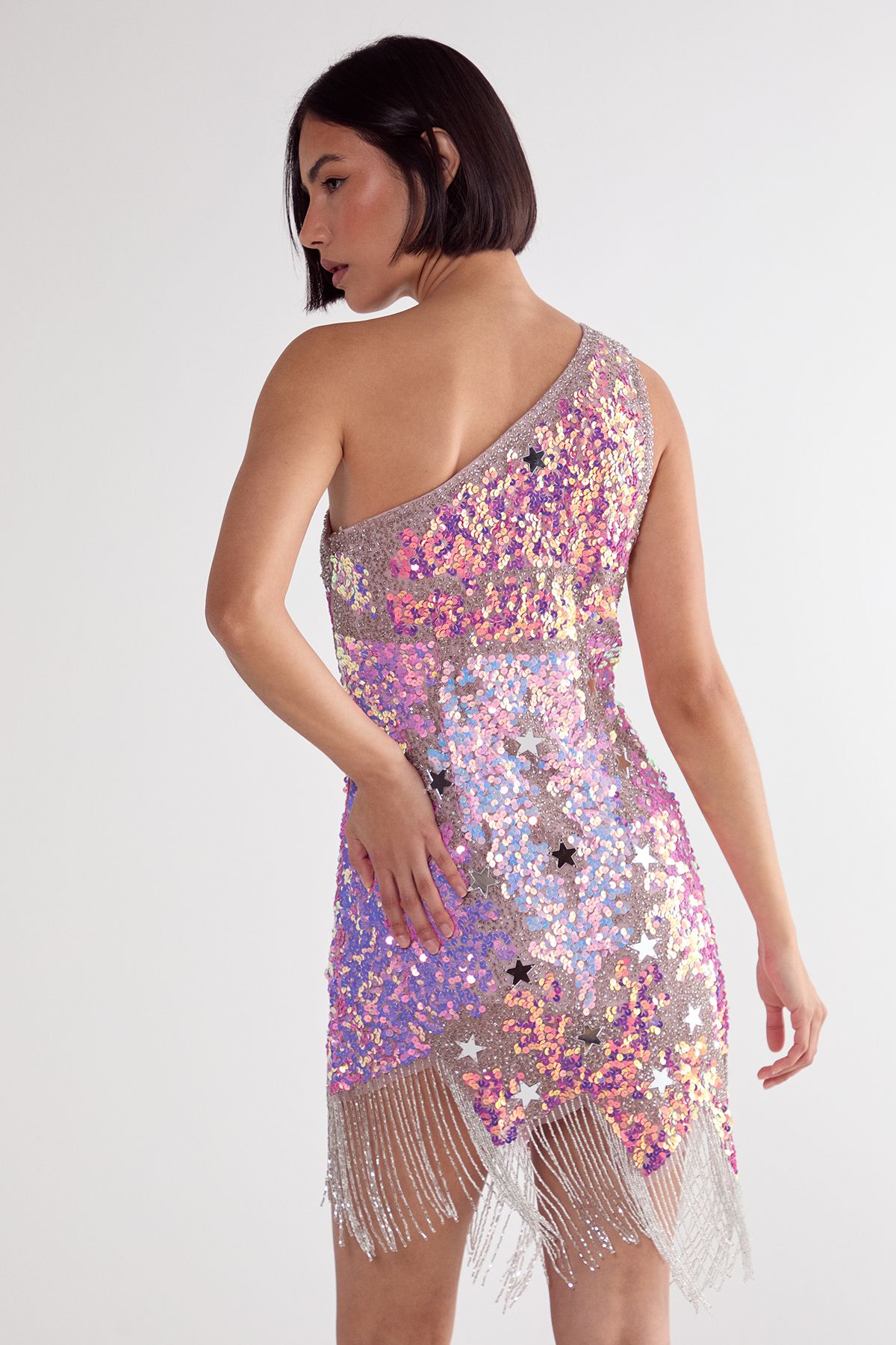NastyGal Star Sequin Tassel One Shoulder Mini Dress Pink image 4