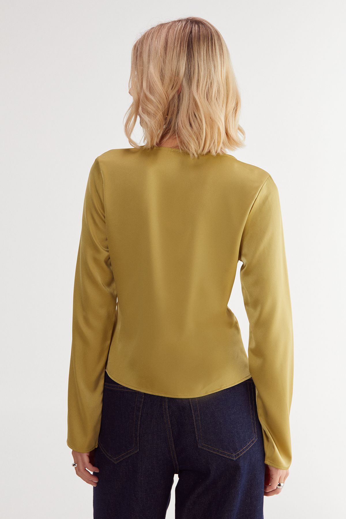 NastyGal Satin Asymmetric Tie Long Sleeve Top Lime image 4