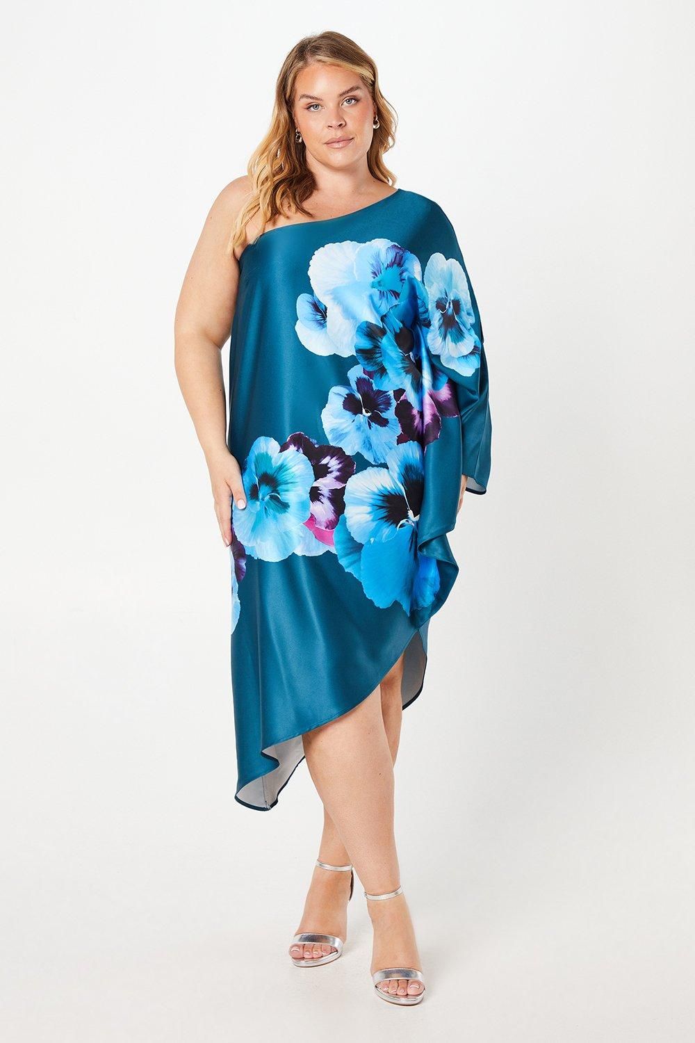 Coast Plus One Shoulder Printed Satin Dress Teal image 1