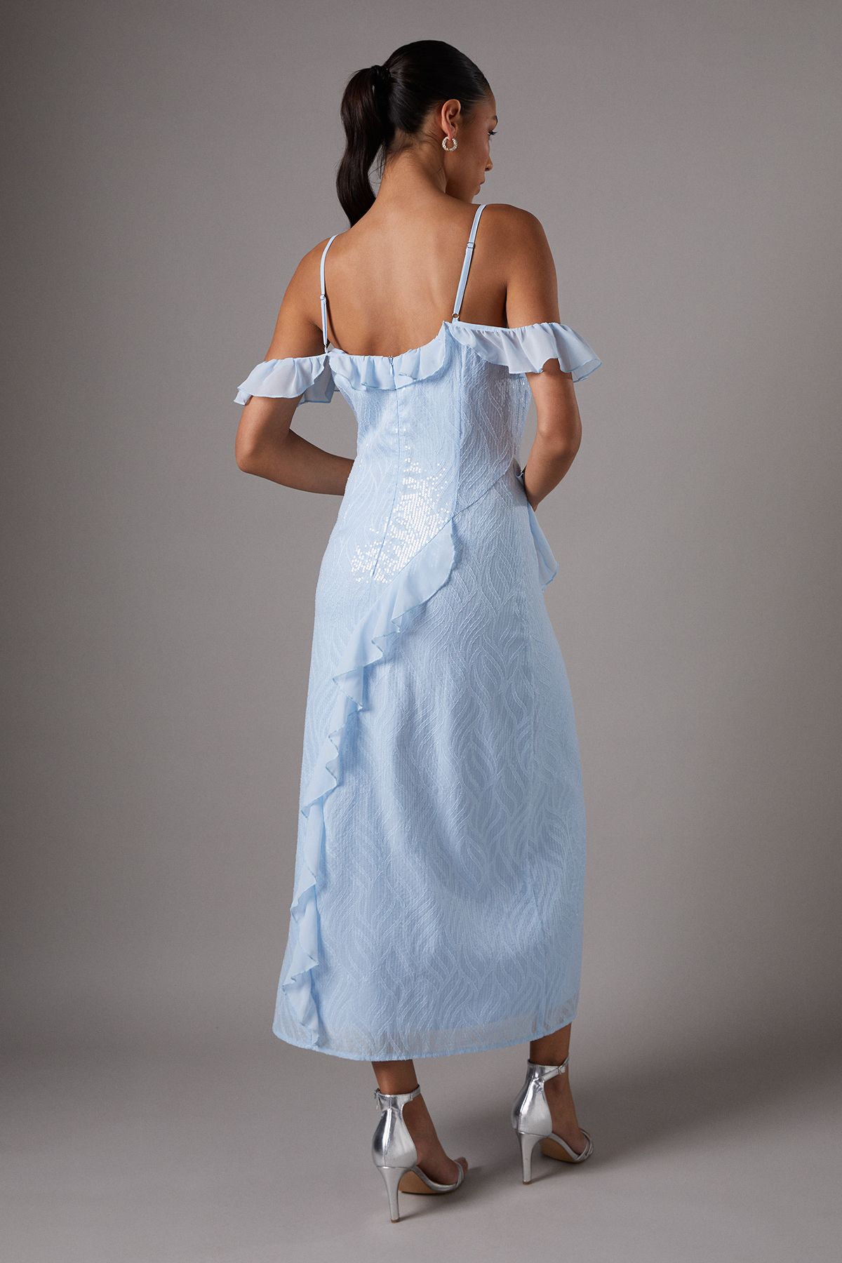 Coast Sequin Frill Midi Wedding Guest Dress Blue image 3