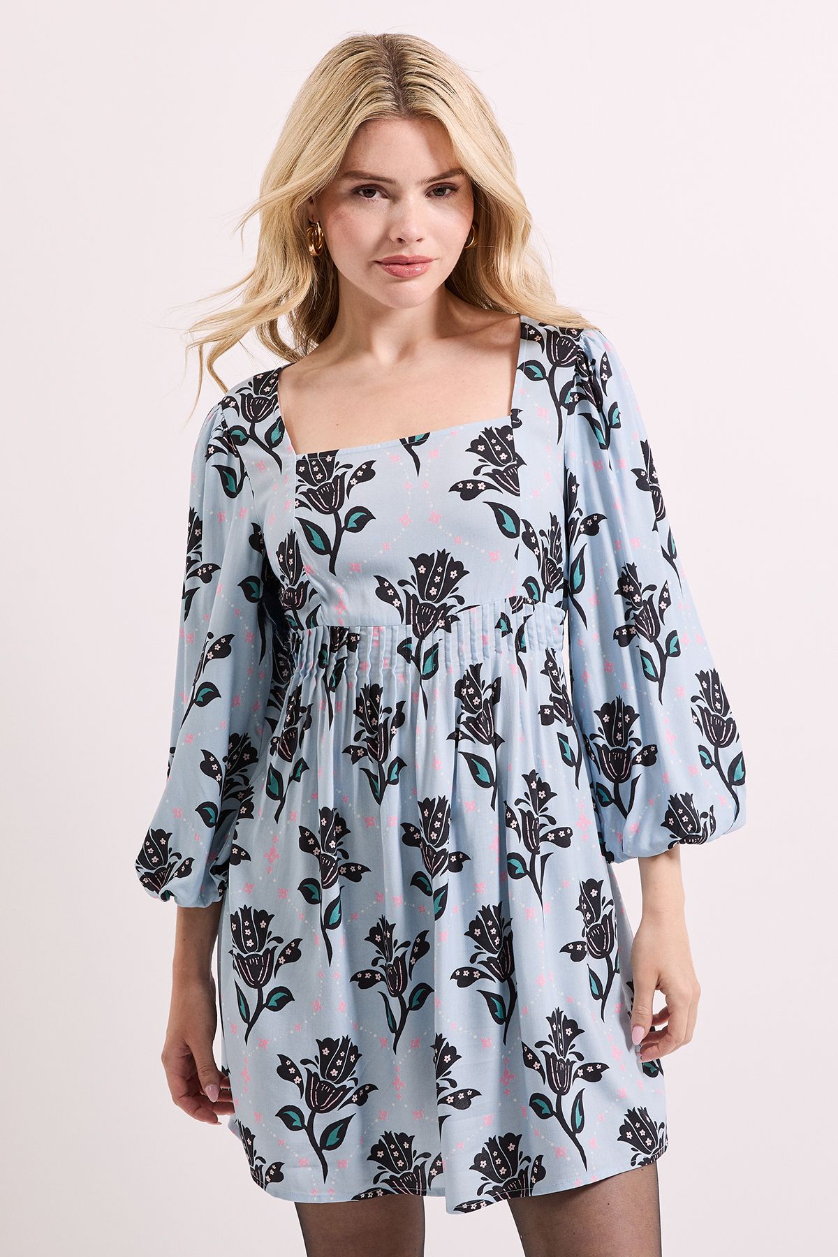 Dorothy Perkins Blue Floral Square Neck Blouson Sleeve Tie Back Mini Dress Blue image 2