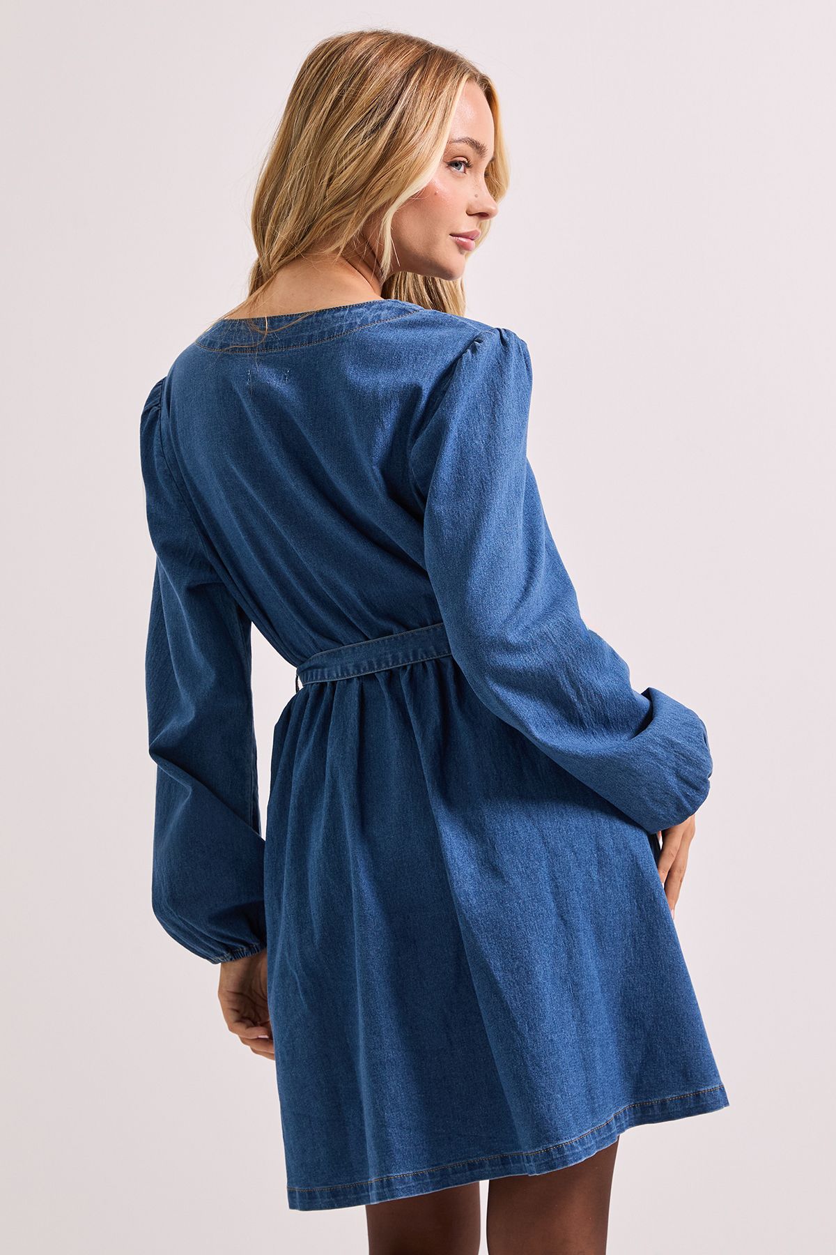 Dorothy Perkins Button Front Belted Denim Mini Dress Mid Wash image 3