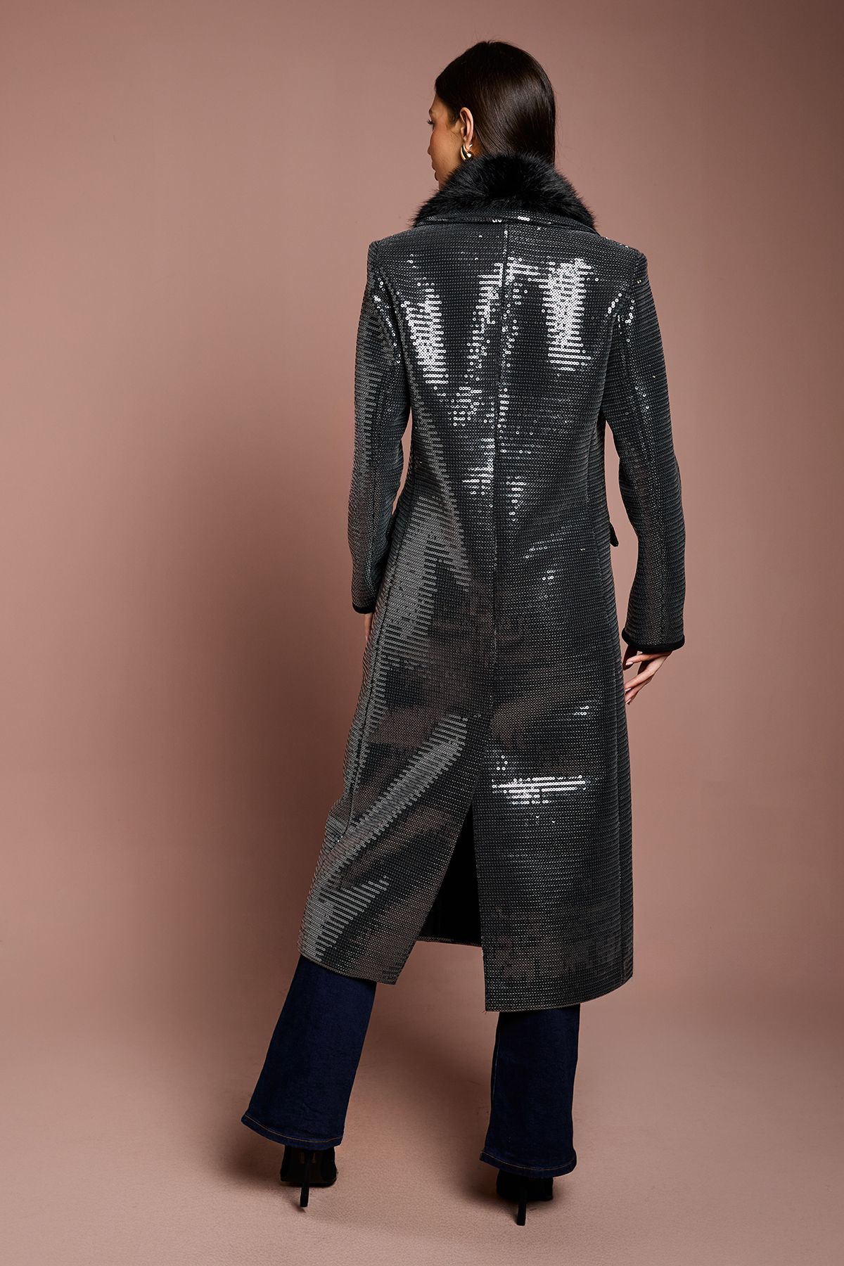 Coast Faux Fur Collar Sequin Longline Coat Black image 3