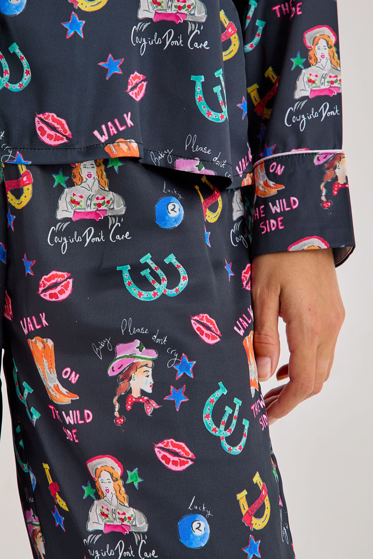 NastyGal Satin Western Conversational Contrast Piped Pajama Pants Set Black image 5