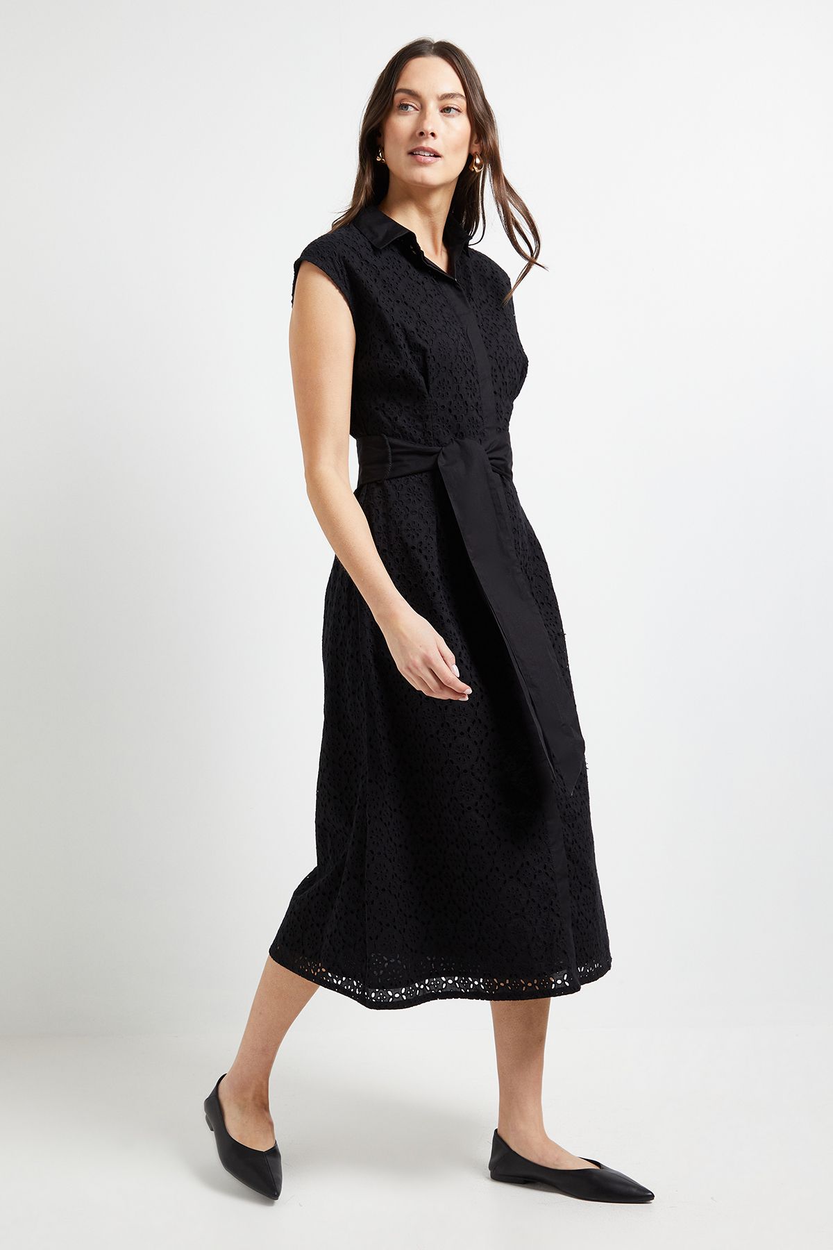 Principles Black Broderie Tie Waist Midi Shirt Dress Black image 1