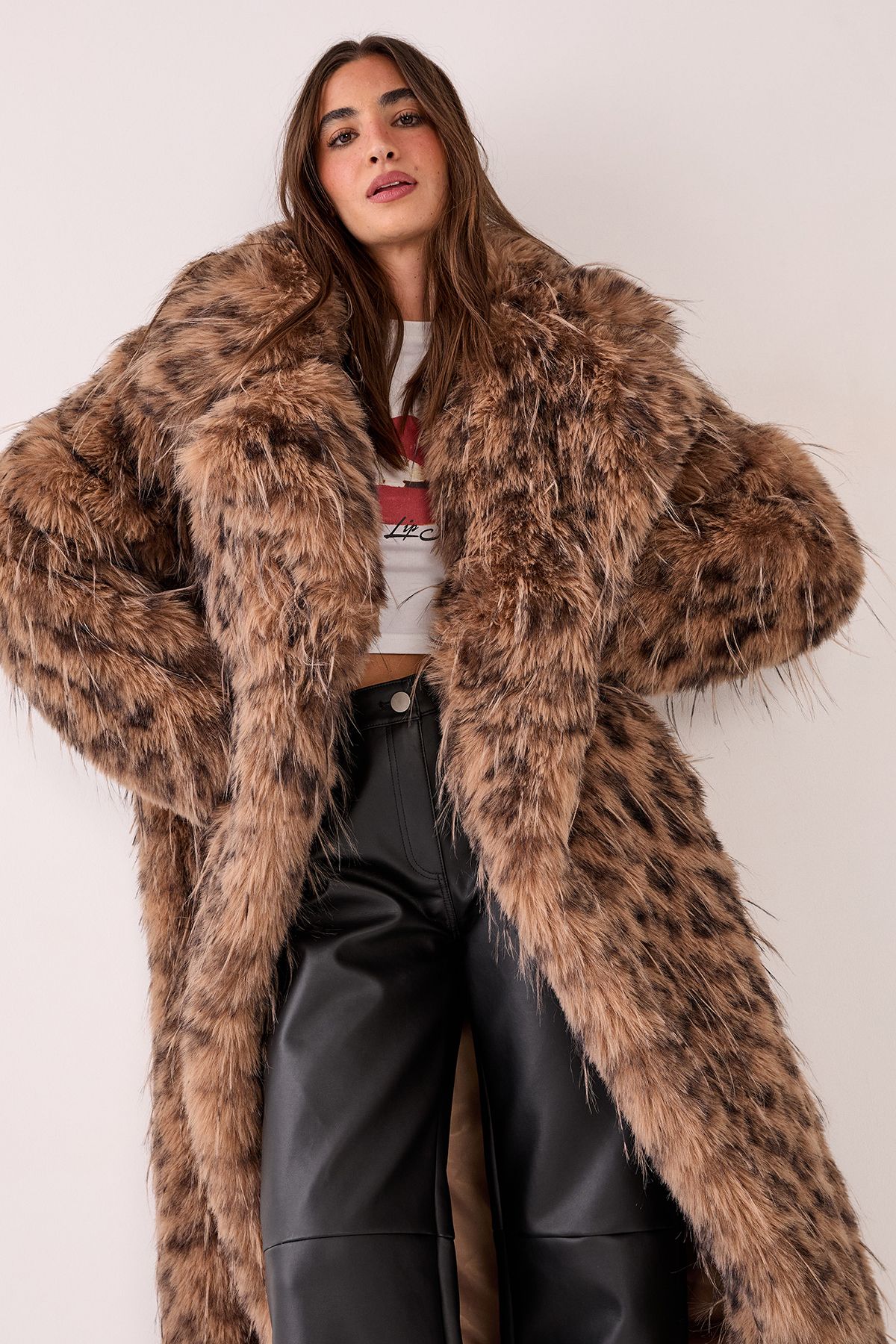NastyGal Animal Leopard Print Collared Faux Fur Longline Coat Brown image 1