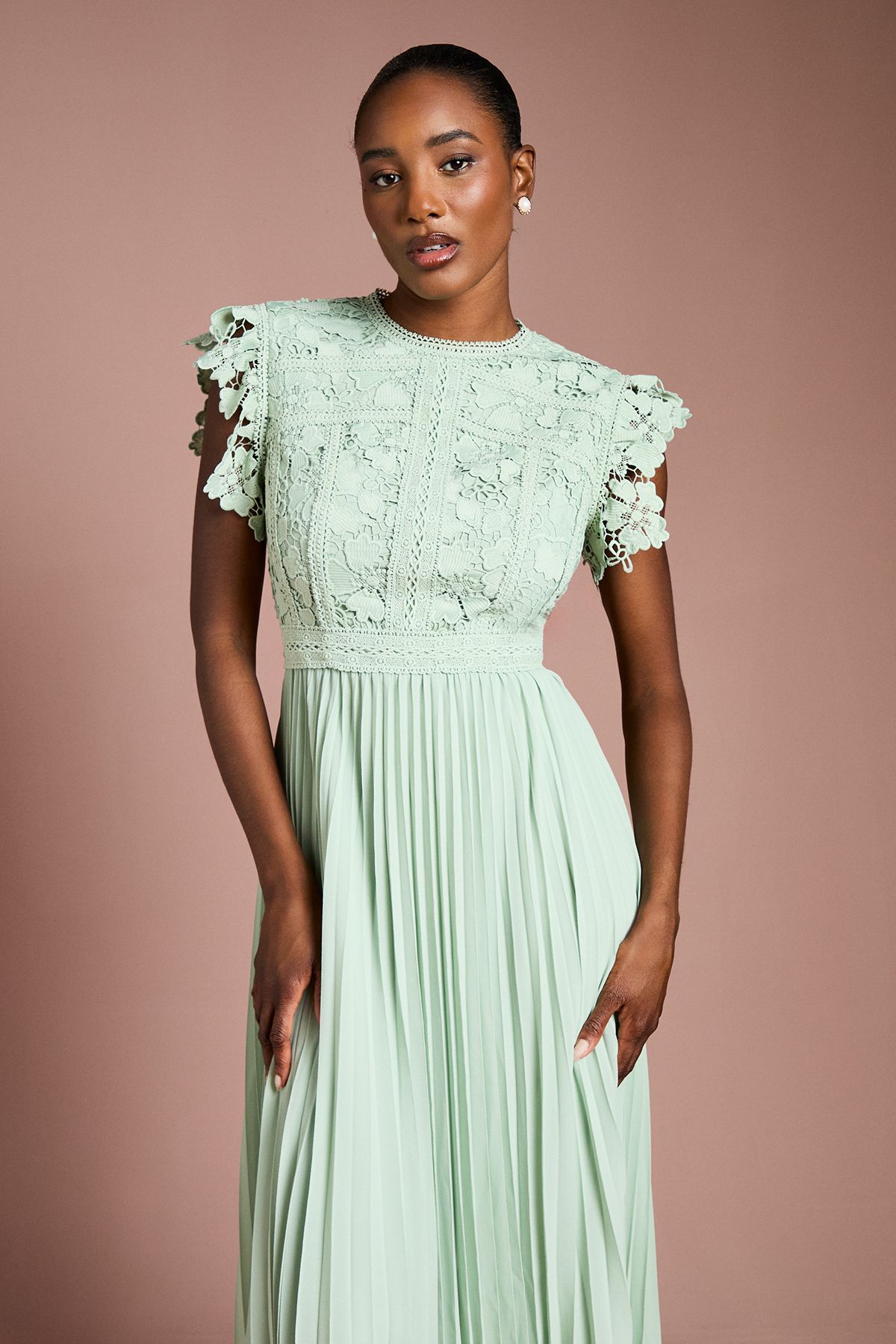 Coast Flutter Sleeve Lace Top Pleated Skirt Midi Dress Sage image 4