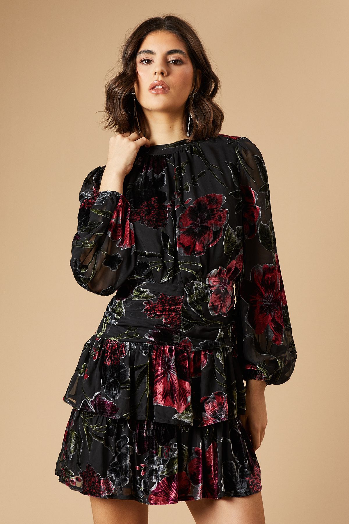 Oasis Velvet Tiered Blouson Sleeve Mini Dress True Black image 1