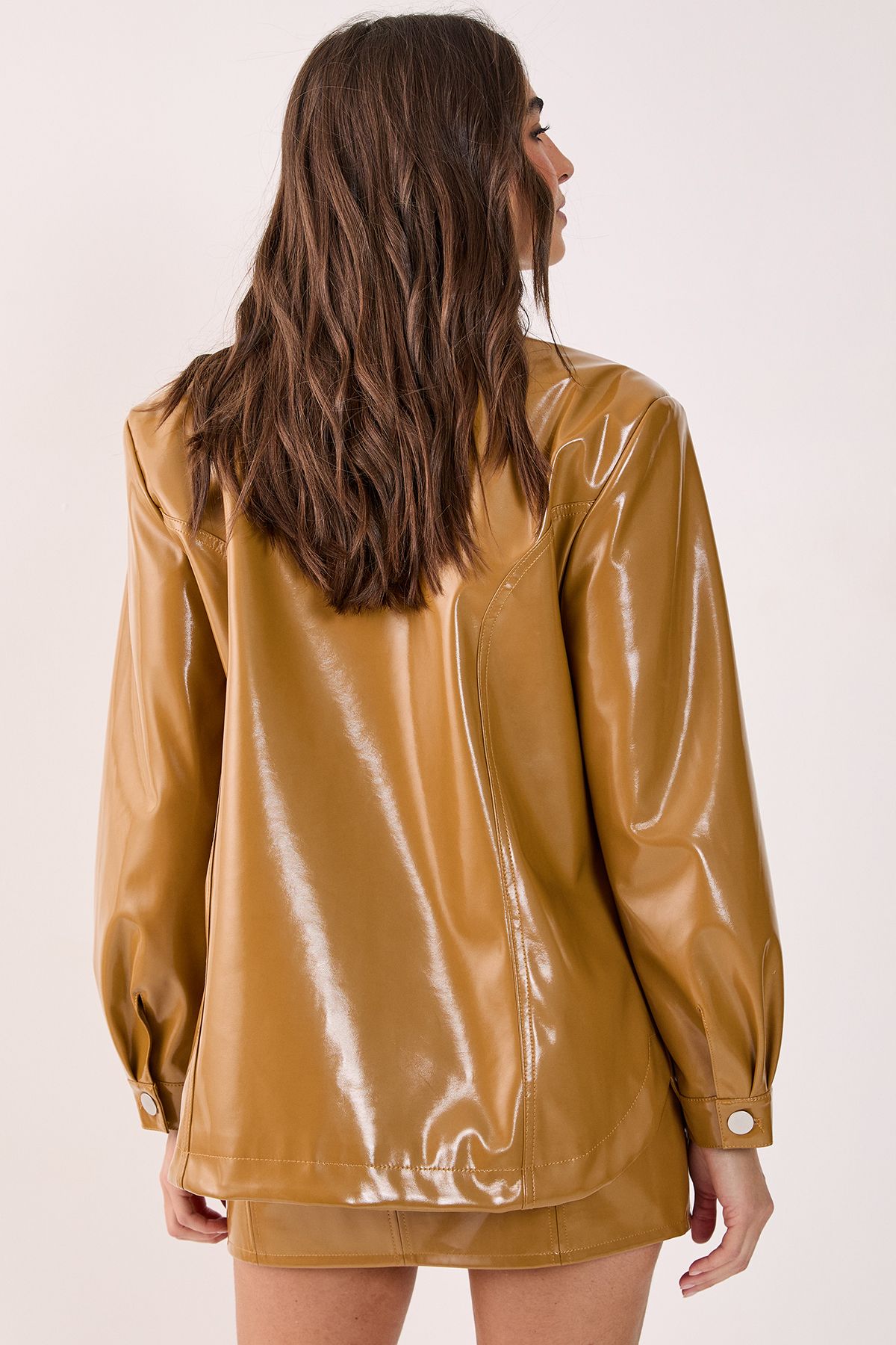 NastyGal Western Vinyl Faux Leather Shoulder Pad Shirt Camel image 3
