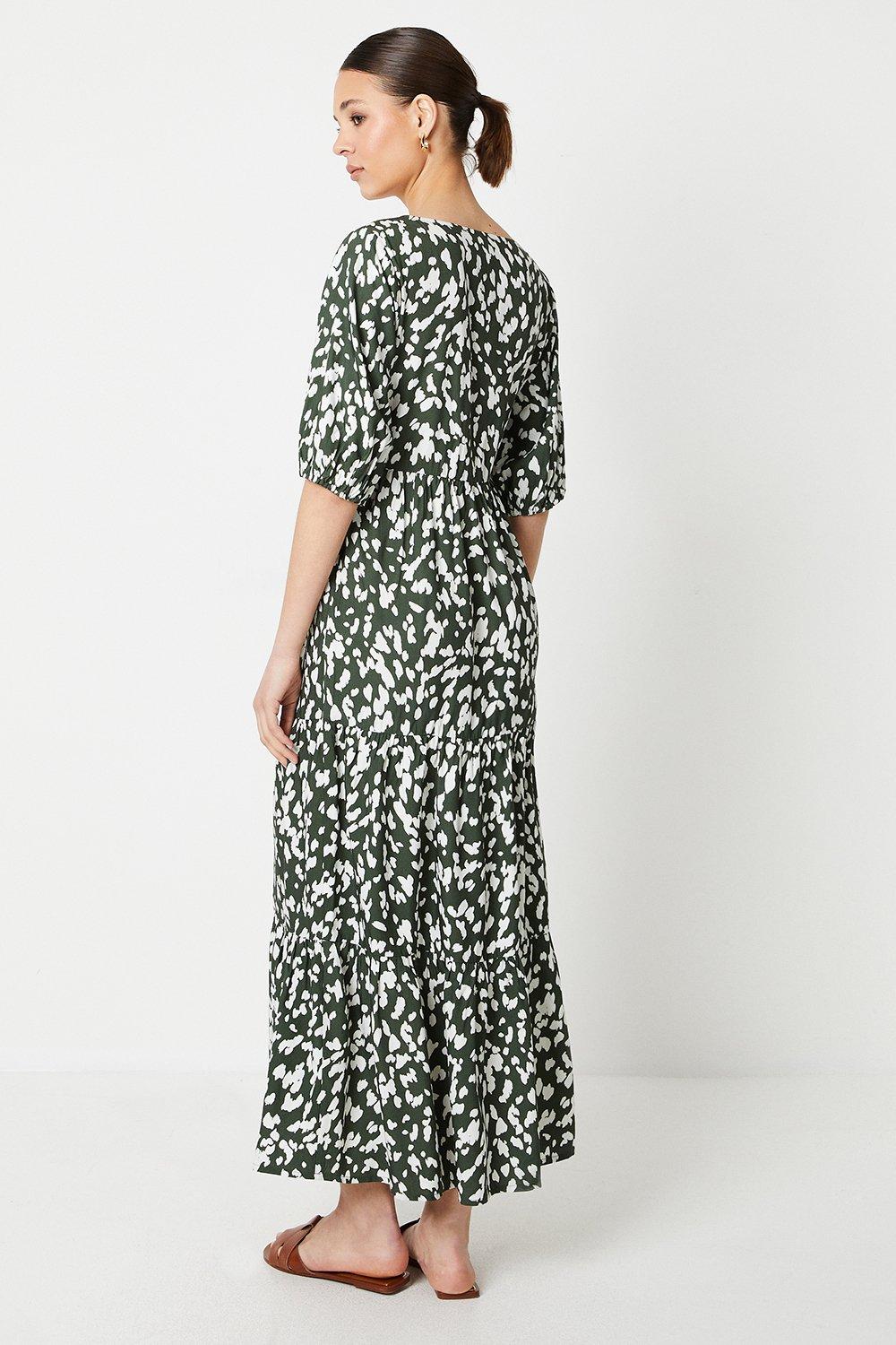 Dorothy Perkins Abstract Tiered Puff Sleeve Midi Dress Khaki image 3