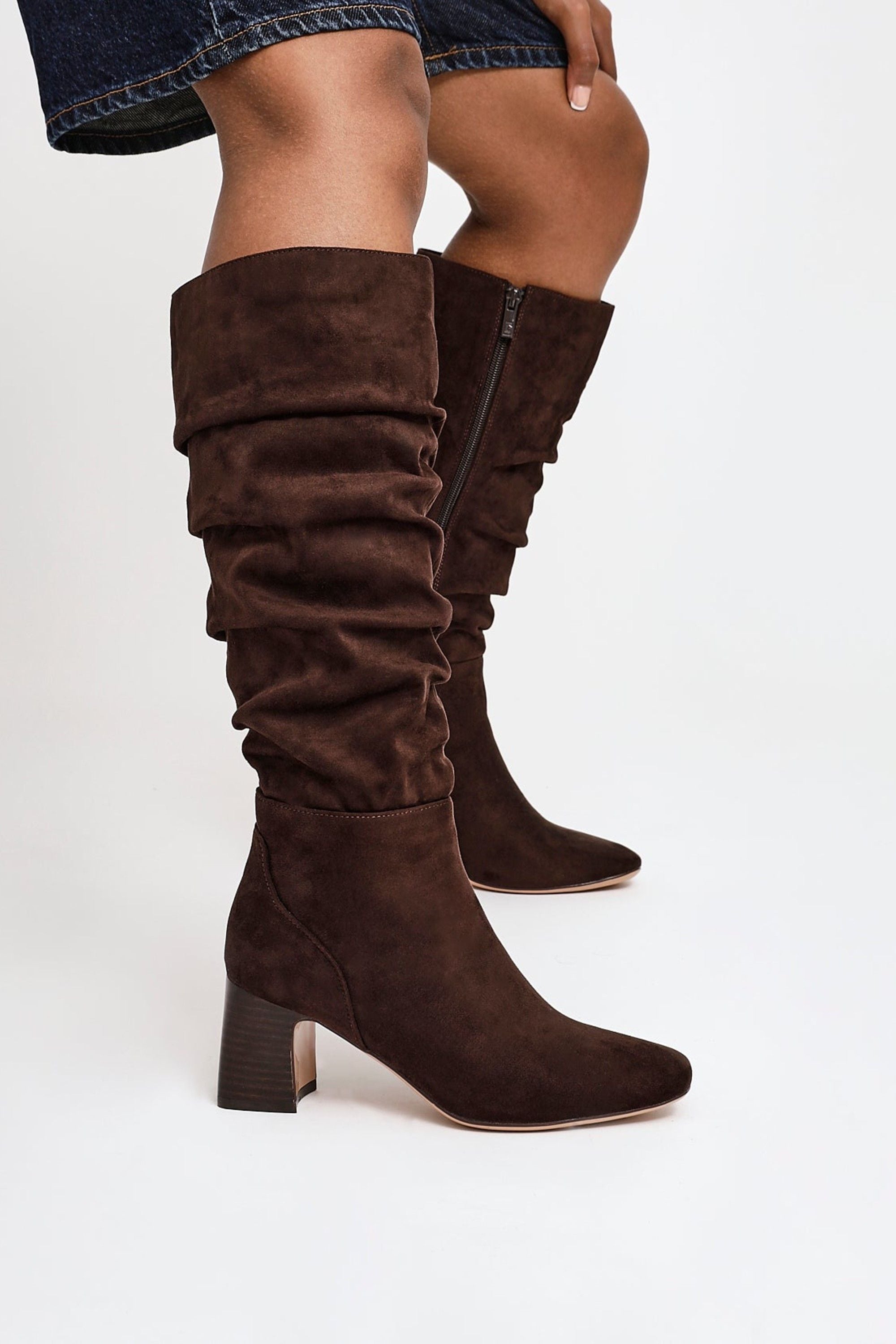 Linzi Alpine Dark Brown Faux Suede Ruched Long Boot image 2