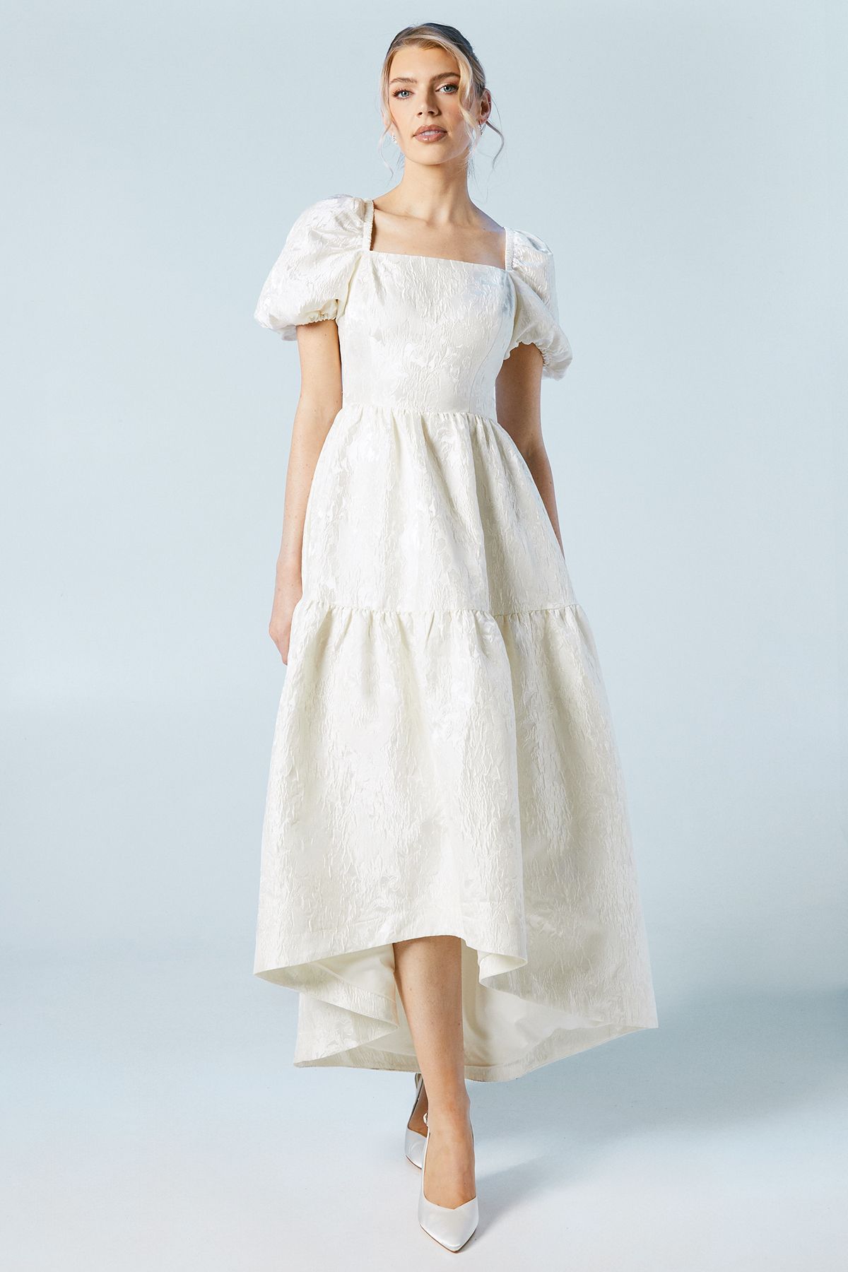 Oasis Tiered Puff Sleeve Jacquard Wedding Dress Ecru image 1