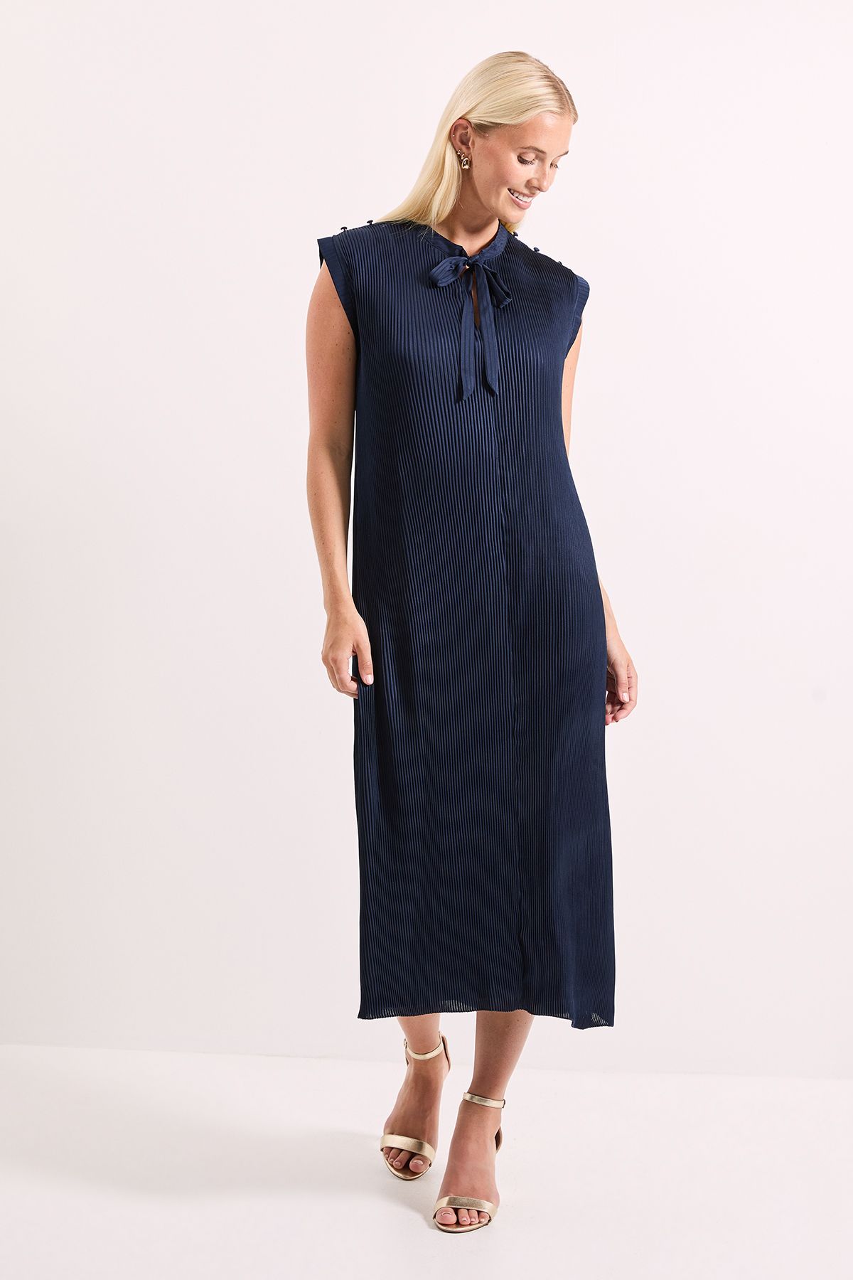 Principles Pleated Satin Column Tie Back Midi Dress Navy