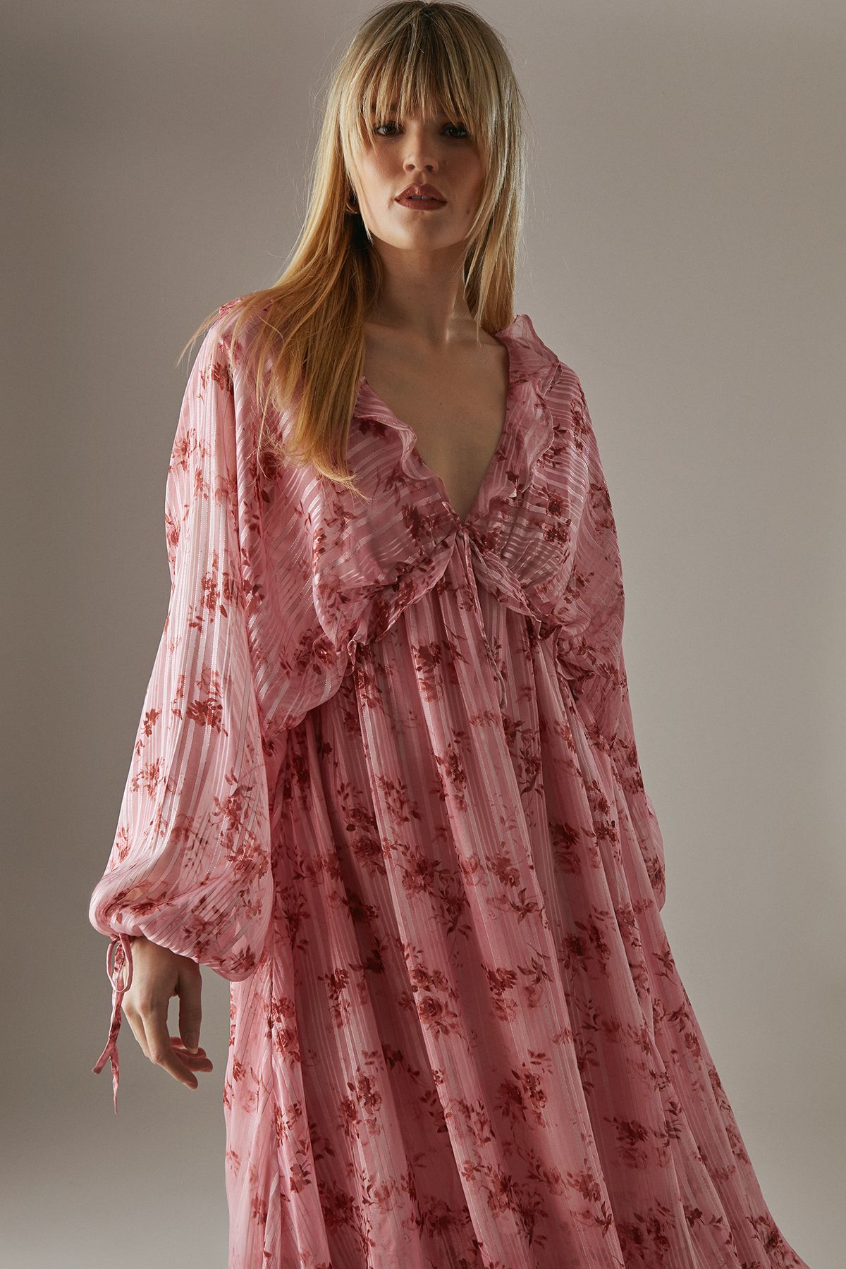 Warehouse Floral Shadow Stripe Volume Sleeve Hanky Hem Midaxi Dress Floral image 2