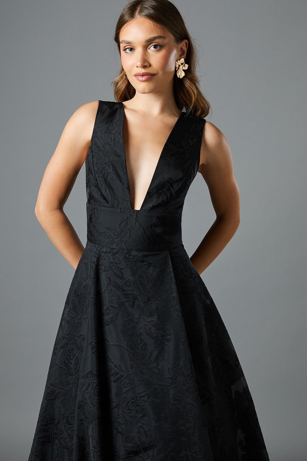 Coast Plunge V Full Skirted Jacquard Midi Dress Black image 2