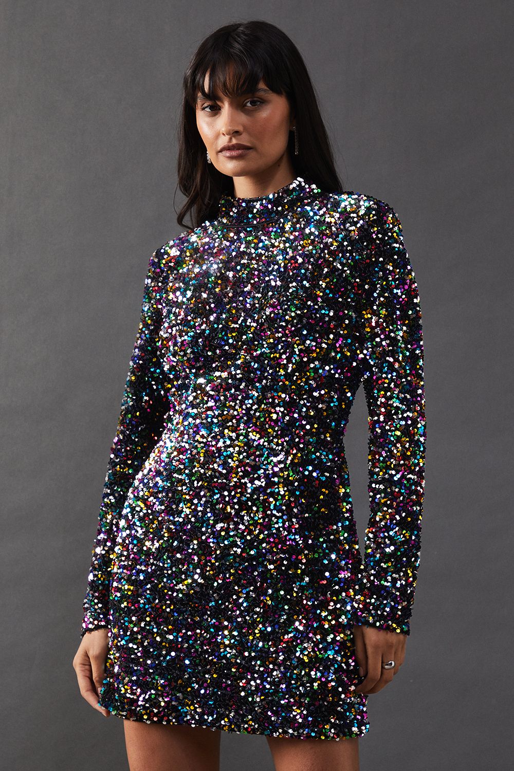 Warehouse High Neck Velvet Sequin Cutout Back Mini Dress Multi image 1