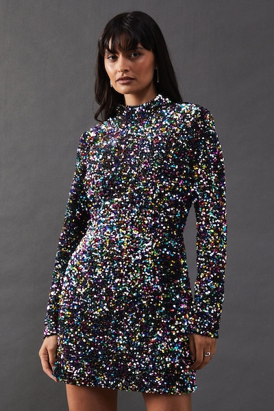 Warehouse High Neck Velvet Sequin Cutout Back Mini Dress Multi