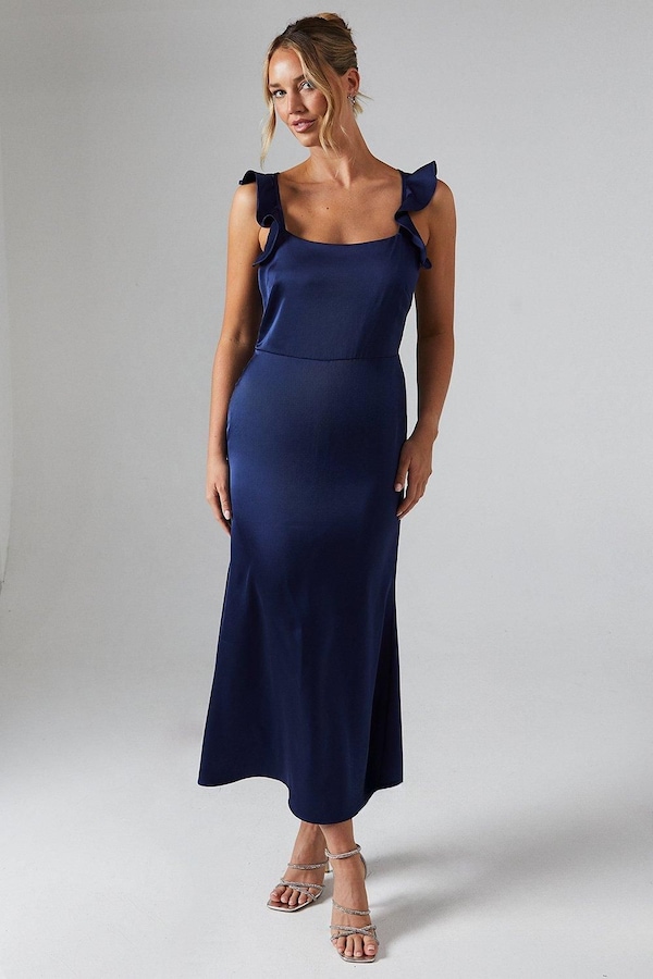 Oasis Ruffle Square Neck Satin Bridesmaid Midi Dress Navy