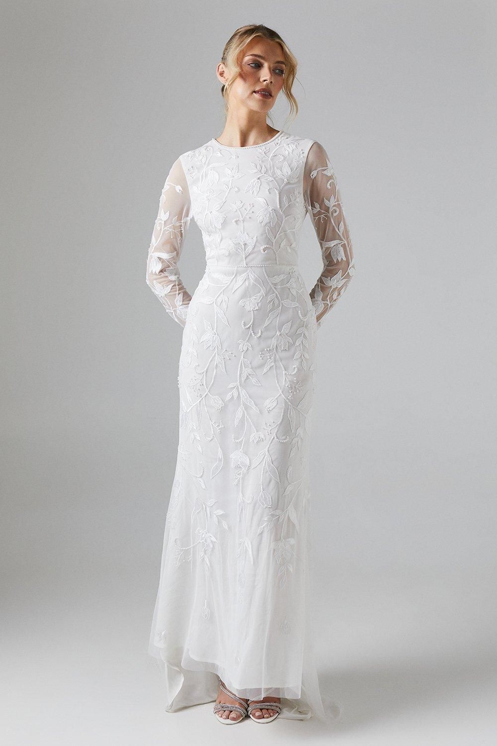 Coast Trailing Floral Placement Embellished Long Sleeve Wedding Dress Ivory image 1