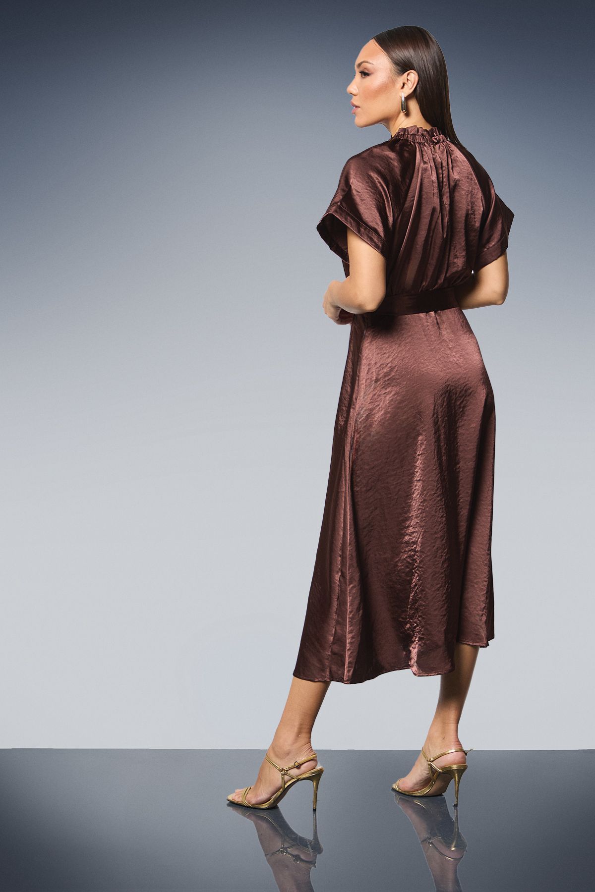 Principles Gathered Neck Flared Skirt Satin Midi Dress Chocolate image 3