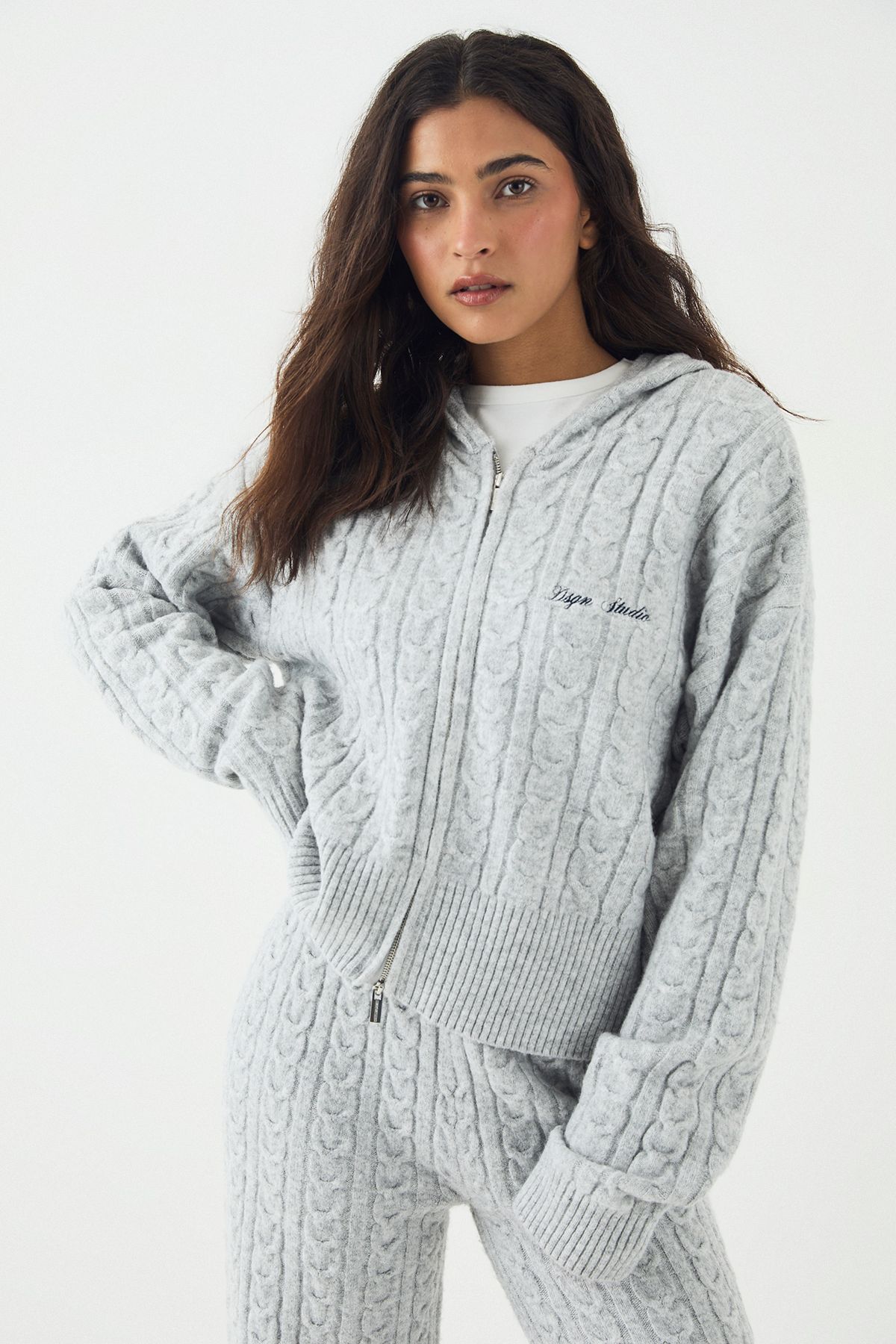 DSGN Studio DSGN Studio Cable Knit Zip Through Hoodie Ash Grey image 3