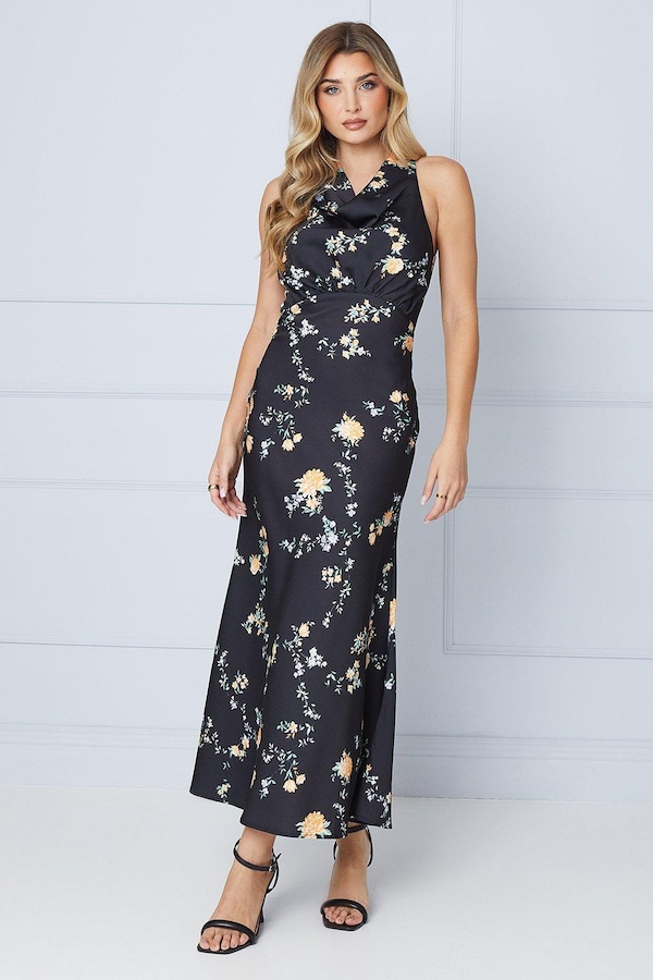 Oasis Occasion Floral Satin Cross Back Midi Dress Black