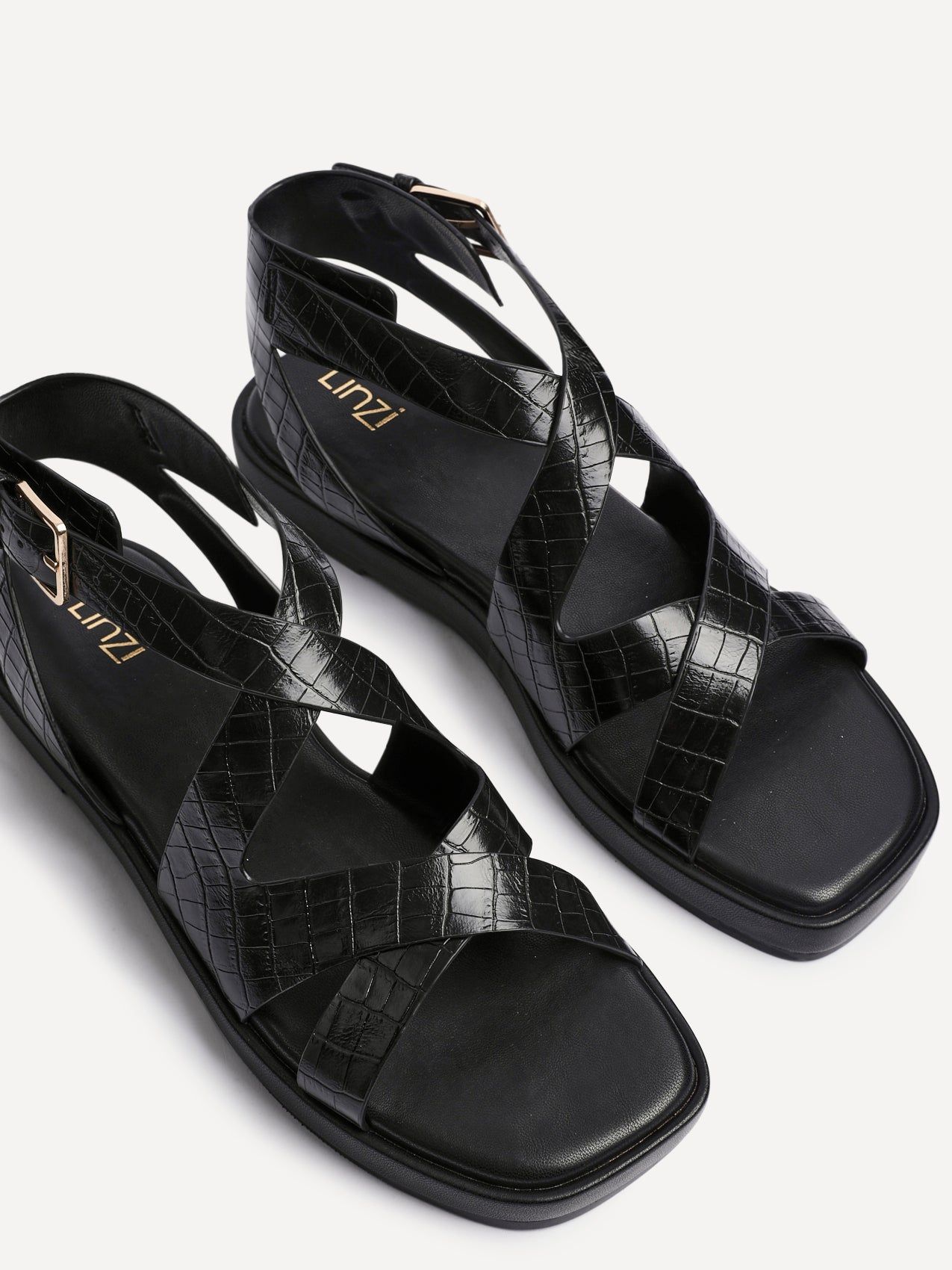 Linzi Soho Black Faux Croc Patent Leather Strappy Sandals image 4
