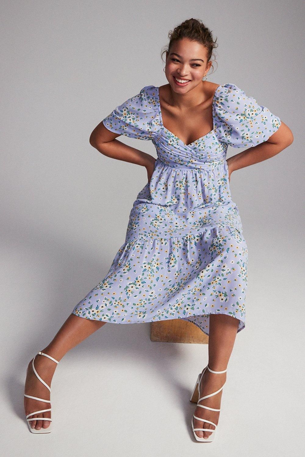 Dorothy Perkins Floral Ditsy Wrap Bodice Midi Dress Blue