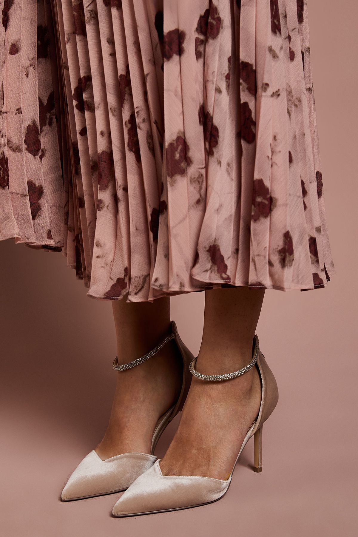 Coast Sicily Velvet Diamante Ankle Strap Pointed Court Shoes Champagne image 1