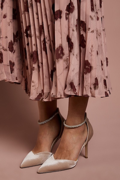 Coast Sicily Velvet Diamante Ankle Strap Pointed Court Shoes Champagne