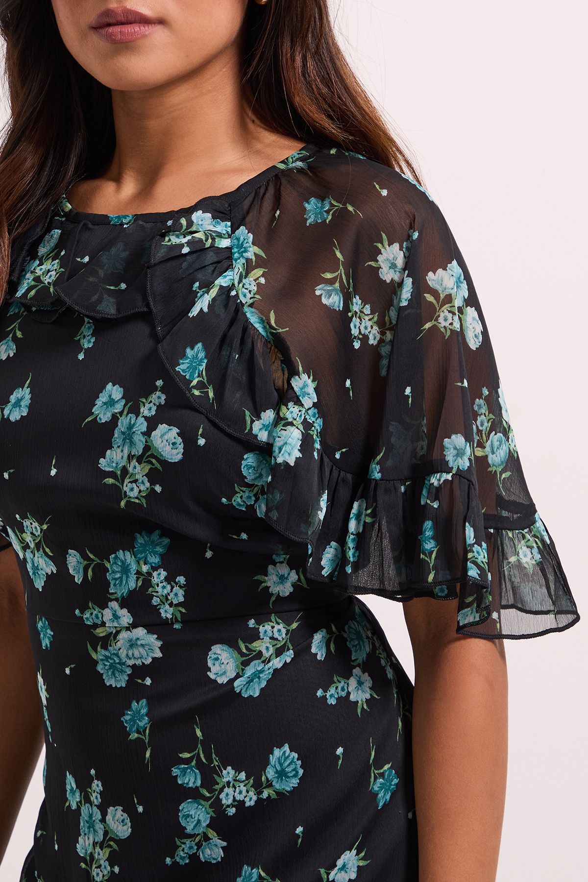 Dorothy Perkins Petite Green Floral Frill Cape Sleeve Tiered Printed Chiffon Midi Dress Green image 5