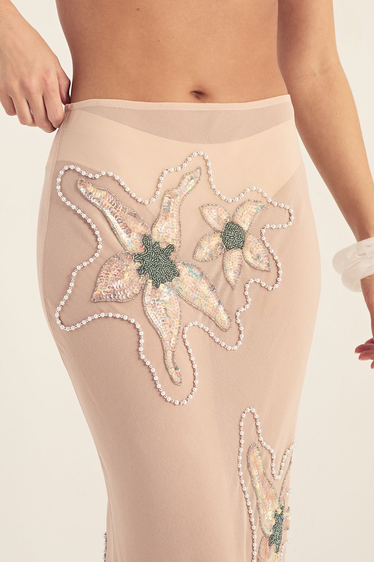 NastyGal Flower Embellished Maxi Beach Skirt Nude image 3