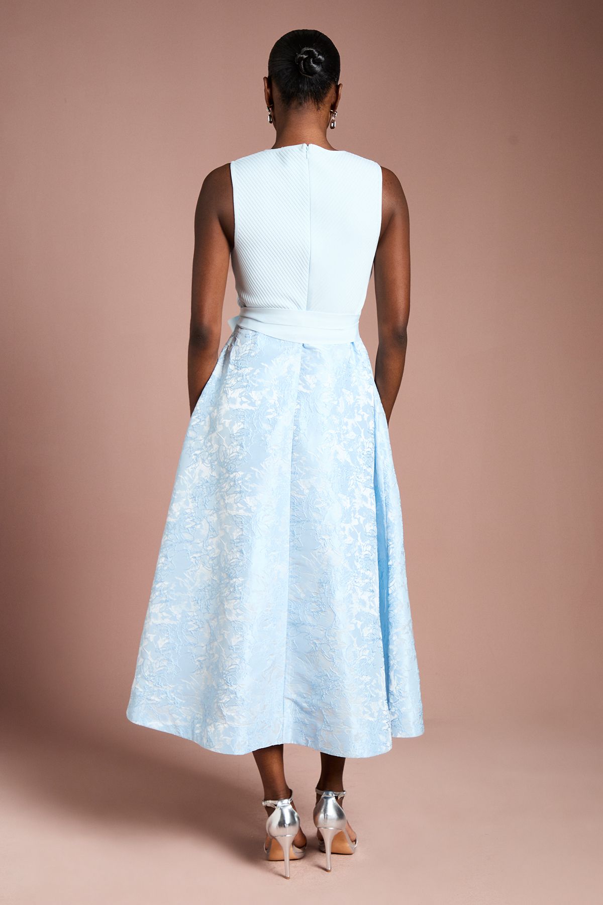 Coast Bandage Bodice Midi Dress with Jacquard Skirt Light Blue image 3