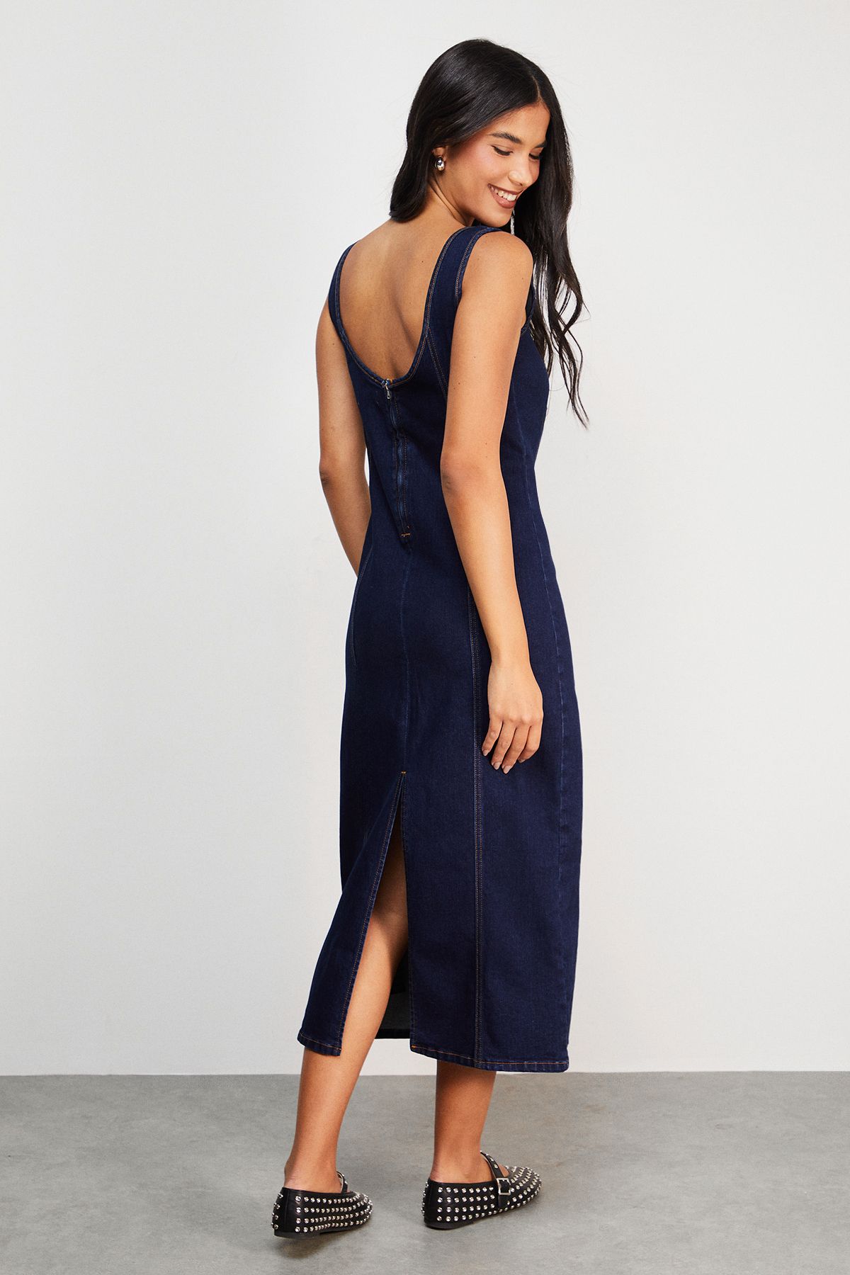 Warehouse Seam Detail Fitted Denim Midi Dress Indigo image 3