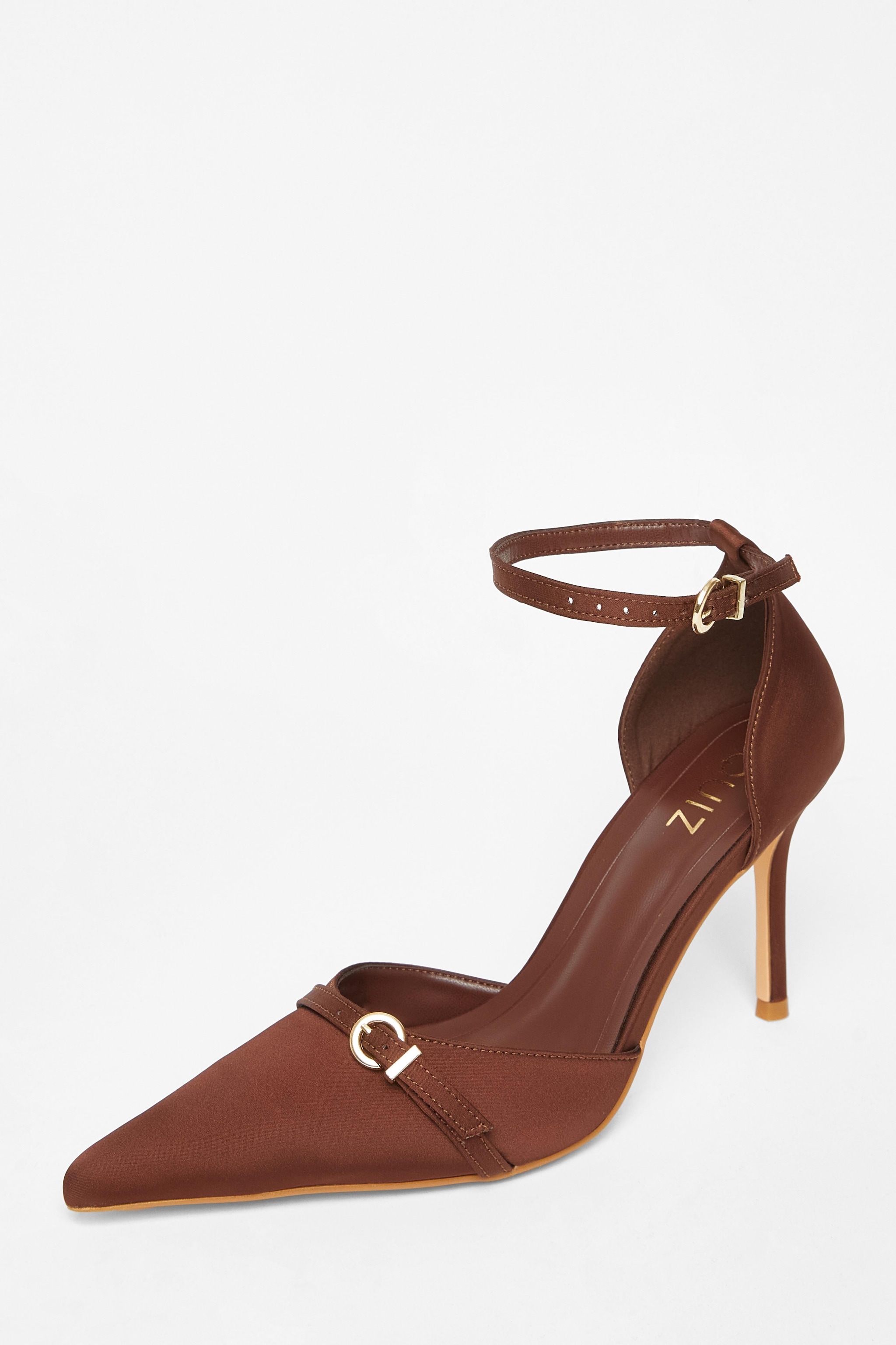 Quiz Brown Satin Buckle Court Heels image 1