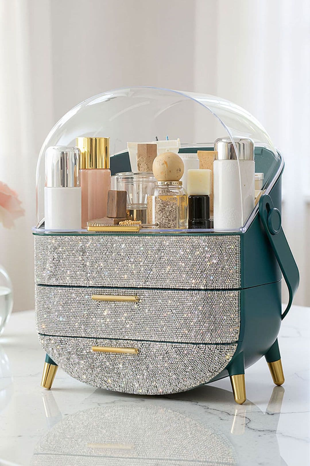 SHEONLY Countertop Portable Oval Makeup Storage Box with Transparent Cover image 1