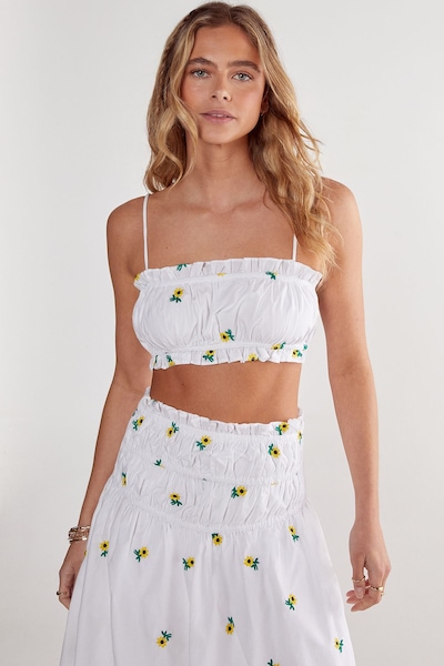 NastyGal Sunflower Embroidered Ruched Crop Top White