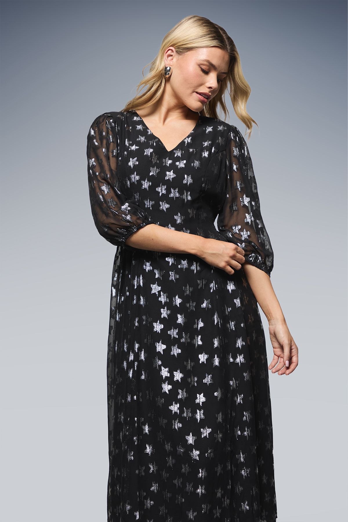 Dorothy Perkins DP Luxe Star Jacquard V Neck Blouson Sleeve Midi Dress Black image 2
